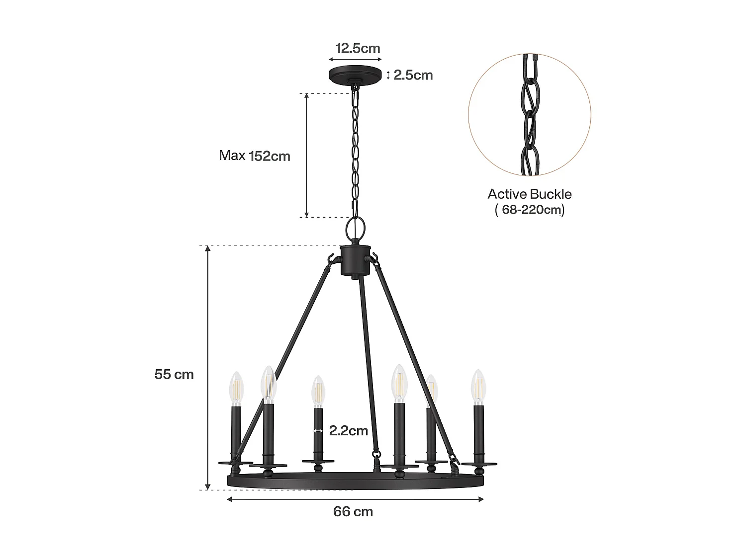 Kroonluchter met 6 lampen, zwarte metalen rustieke ronde plafondlamp in boerderijstijl voor keuken, eetkamer, hal of entree (E14 fitting, exclusief lampen)