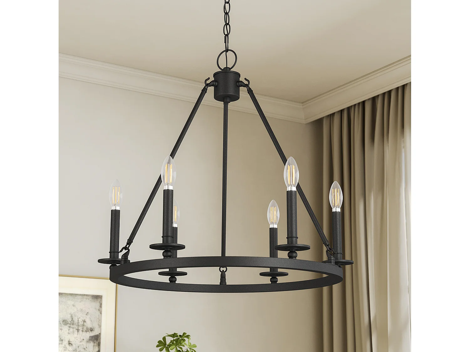 Kroonluchter met 6 lampen, zwarte metalen rustieke ronde plafondlamp in boerderijstijl voor keuken, eetkamer, hal of entree (E14 fitting, exclusief lampen)