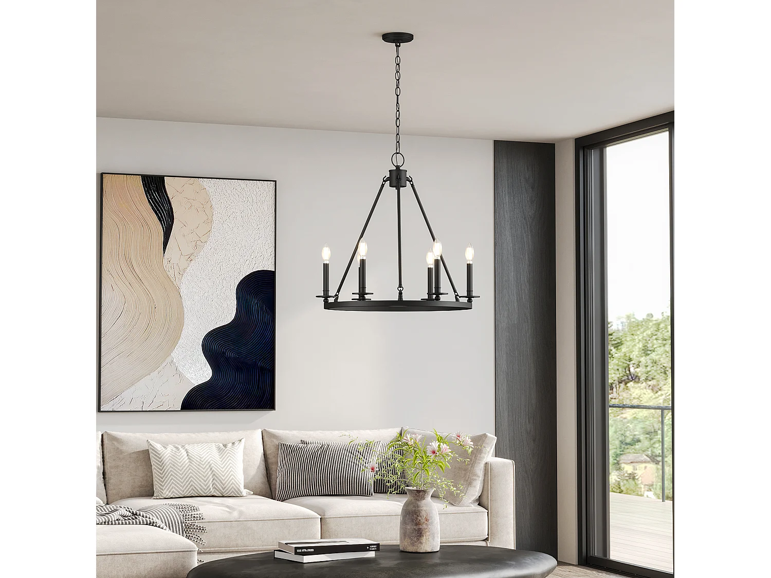 Kroonluchter met 6 lampen, zwarte metalen rustieke ronde plafondlamp in boerderijstijl voor keuken, eetkamer, hal of entree (E14 fitting, exclusief lampen)