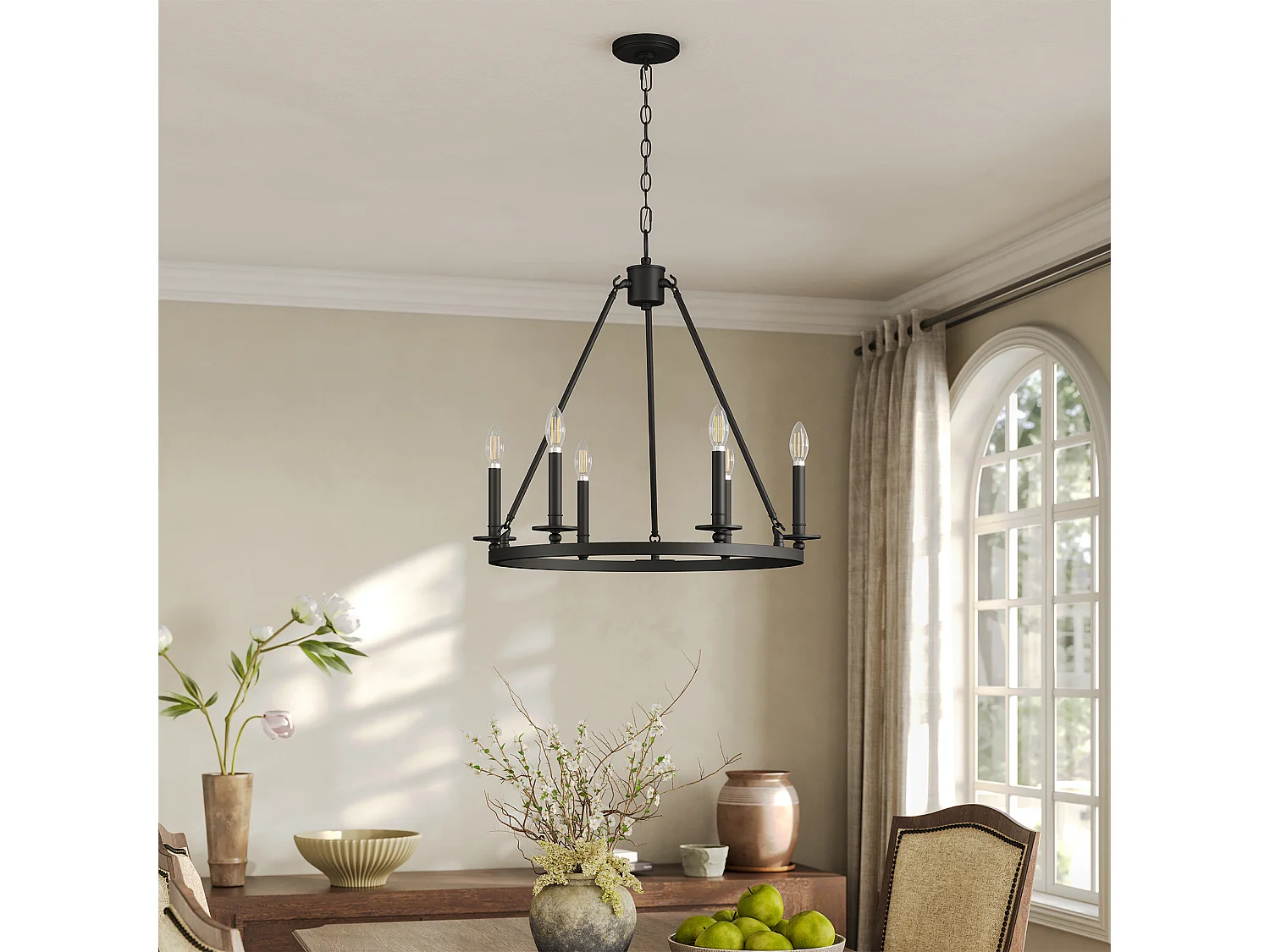 Kroonluchter met 6 lampen, zwarte metalen rustieke ronde plafondlamp in boerderijstijl voor keuken, eetkamer, hal of entree (E14 fitting, exclusief lampen)