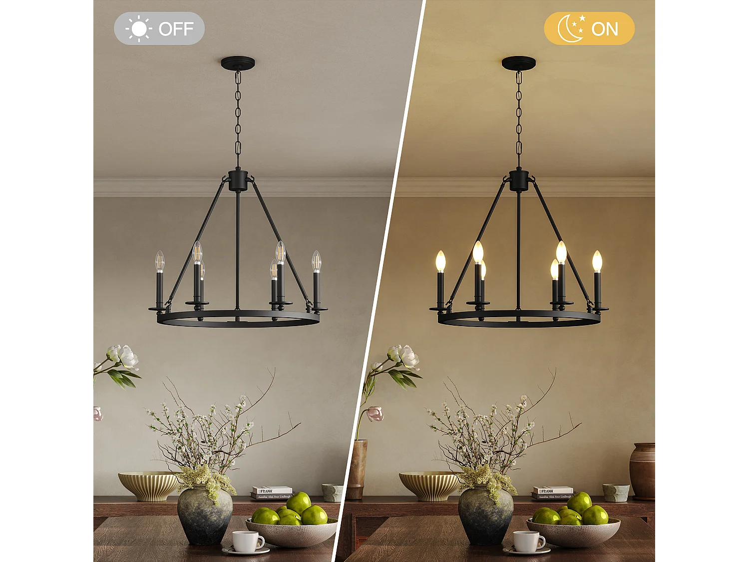Kroonluchter met 6 lampen, zwarte metalen rustieke ronde plafondlamp in boerderijstijl voor keuken, eetkamer, hal of entree (E14 fitting, exclusief lampen)