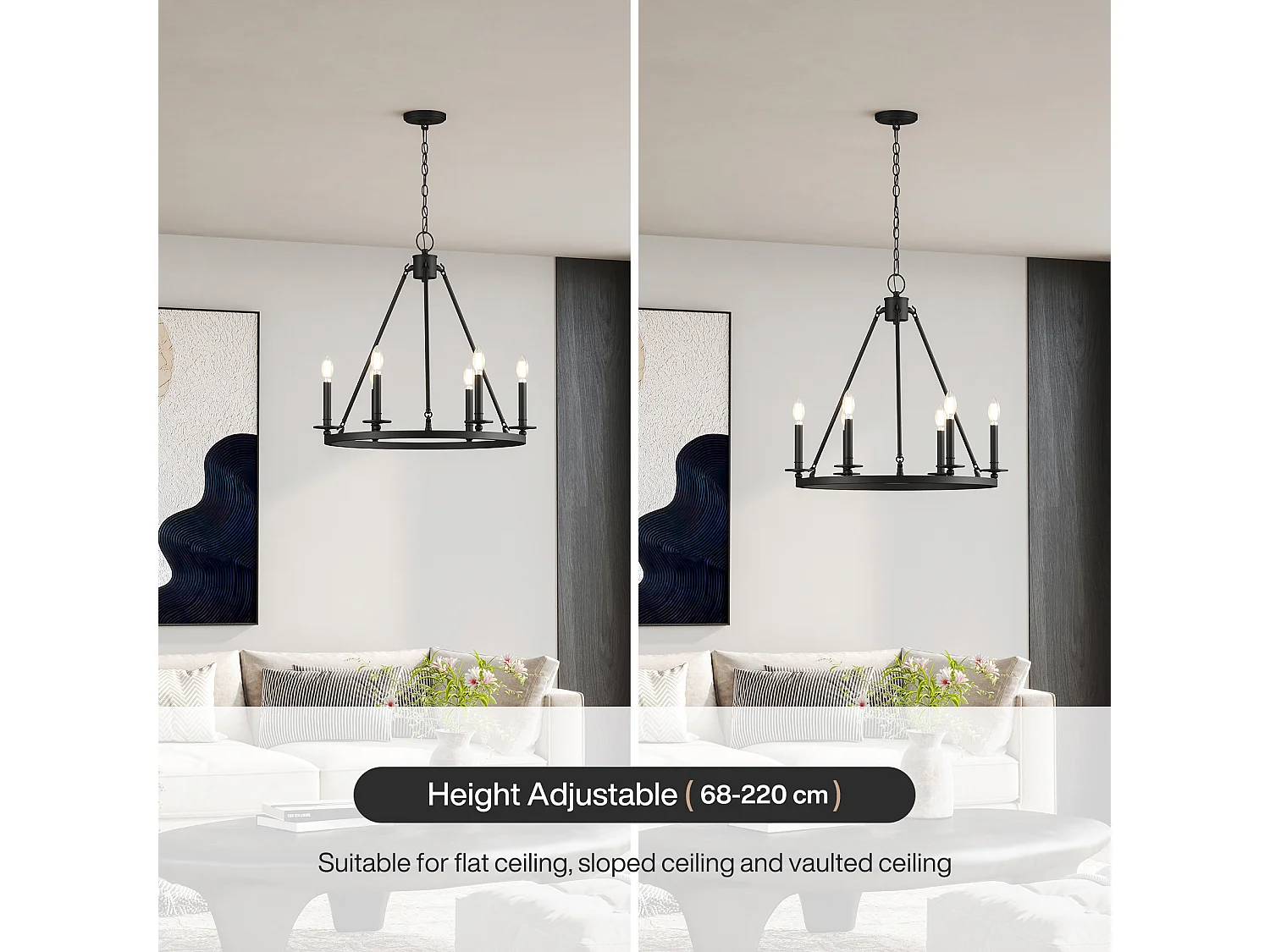 Kroonluchter met 6 lampen, zwarte metalen rustieke ronde plafondlamp in boerderijstijl voor keuken, eetkamer, hal of entree (E14 fitting, exclusief lampen)
