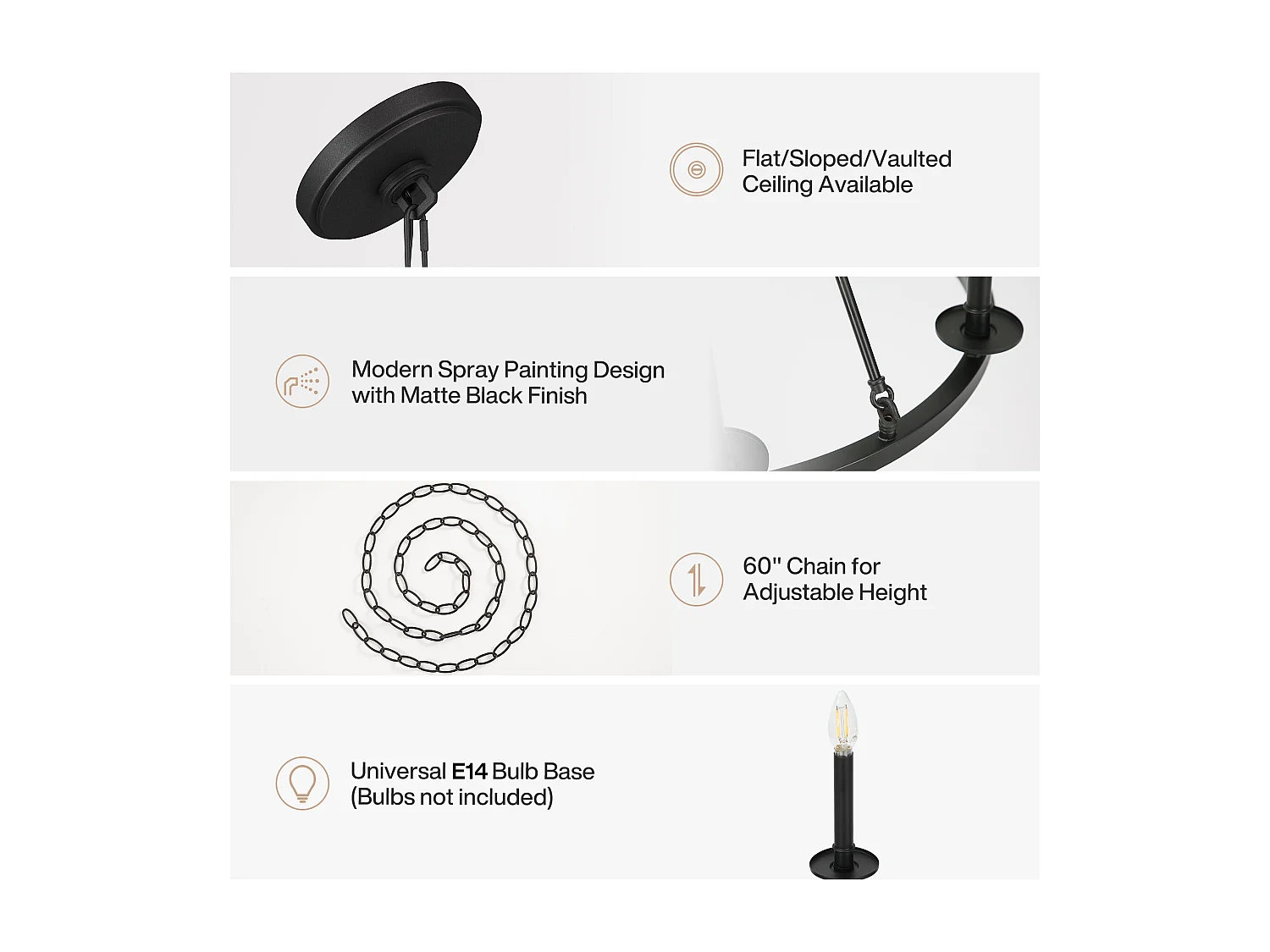 Kroonluchter met 6 lampen, zwarte metalen rustieke ronde plafondlamp in boerderijstijl voor keuken, eetkamer, hal of entree (E14 fitting, exclusief lampen)