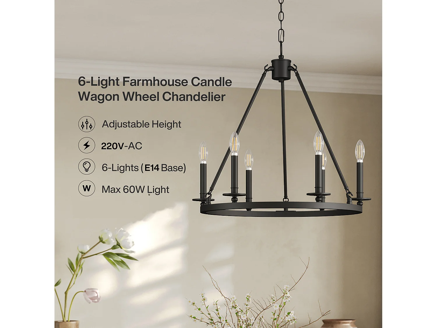 Kroonluchter met 6 lampen, zwarte metalen rustieke ronde plafondlamp in boerderijstijl voor keuken, eetkamer, hal of entree (E14 fitting, exclusief lampen)