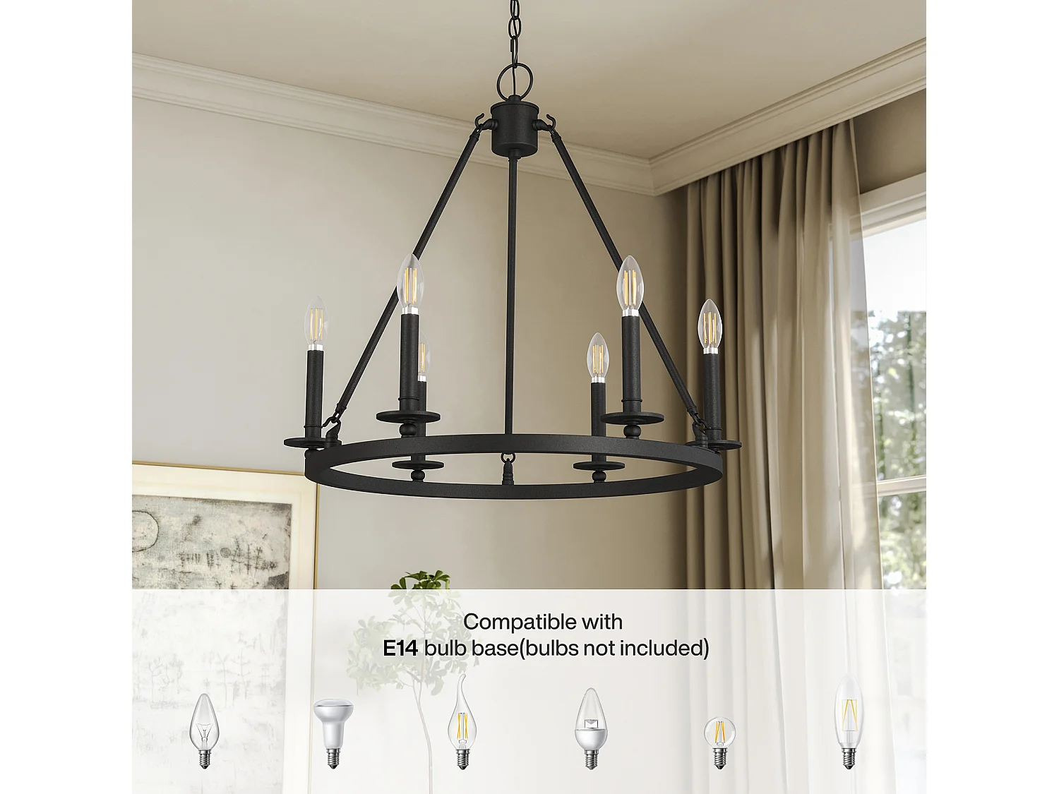 Kroonluchter met 6 lampen, zwarte metalen rustieke ronde plafondlamp in boerderijstijl voor keuken, eetkamer, hal of entree (E14 fitting, exclusief lampen)