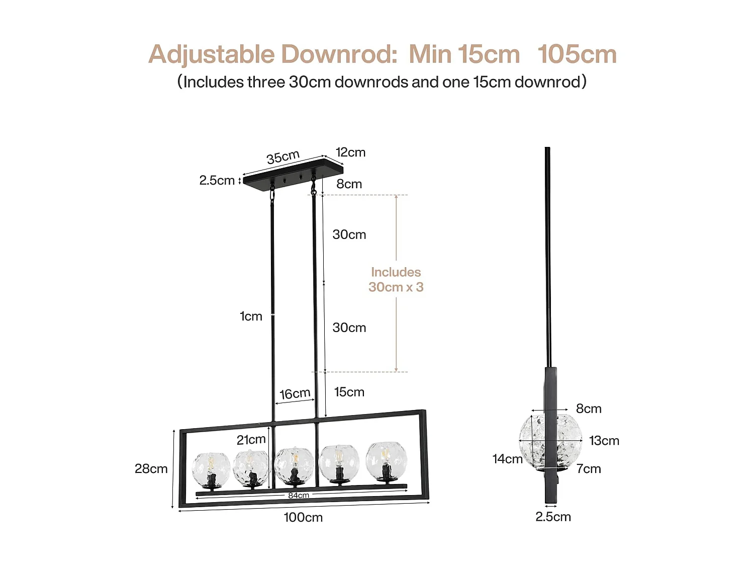 Moderne hanglamp met 5 lichtpunten, in hoogte verstelbaar, metalen plafondlamp (E14 fitting, exclusief lampen)