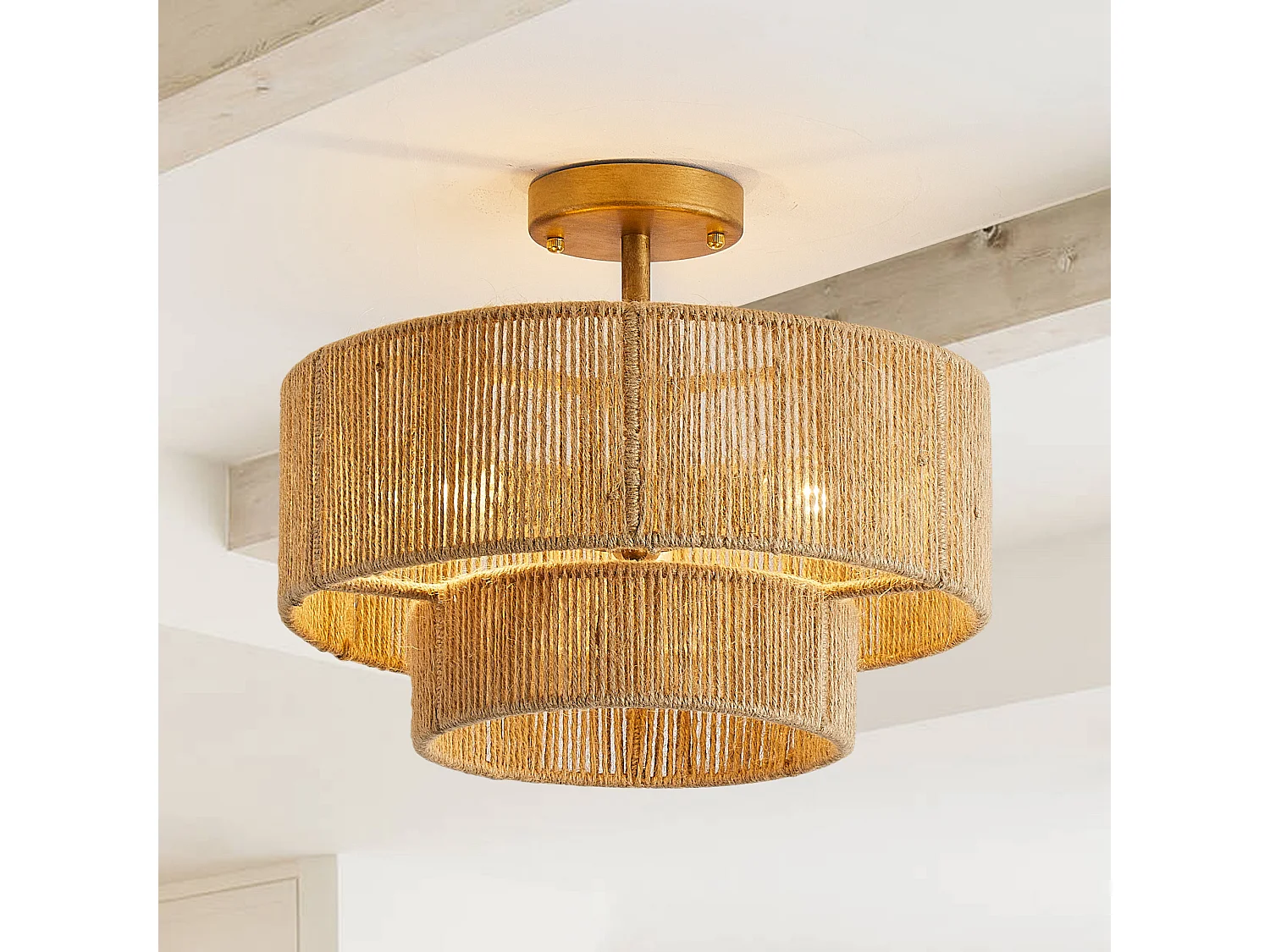 Parrot Uncle Lustre de plafond rustique en fer et corde de chanvre avec 3 culots E14, sans ampoule