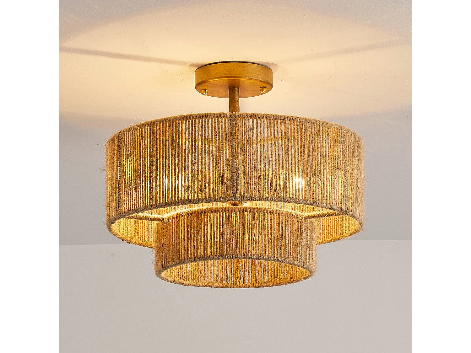 Parrot Uncle Lustre de plafond rustique en fer et corde de chanvre avec 3 culots E14, sans ampoule