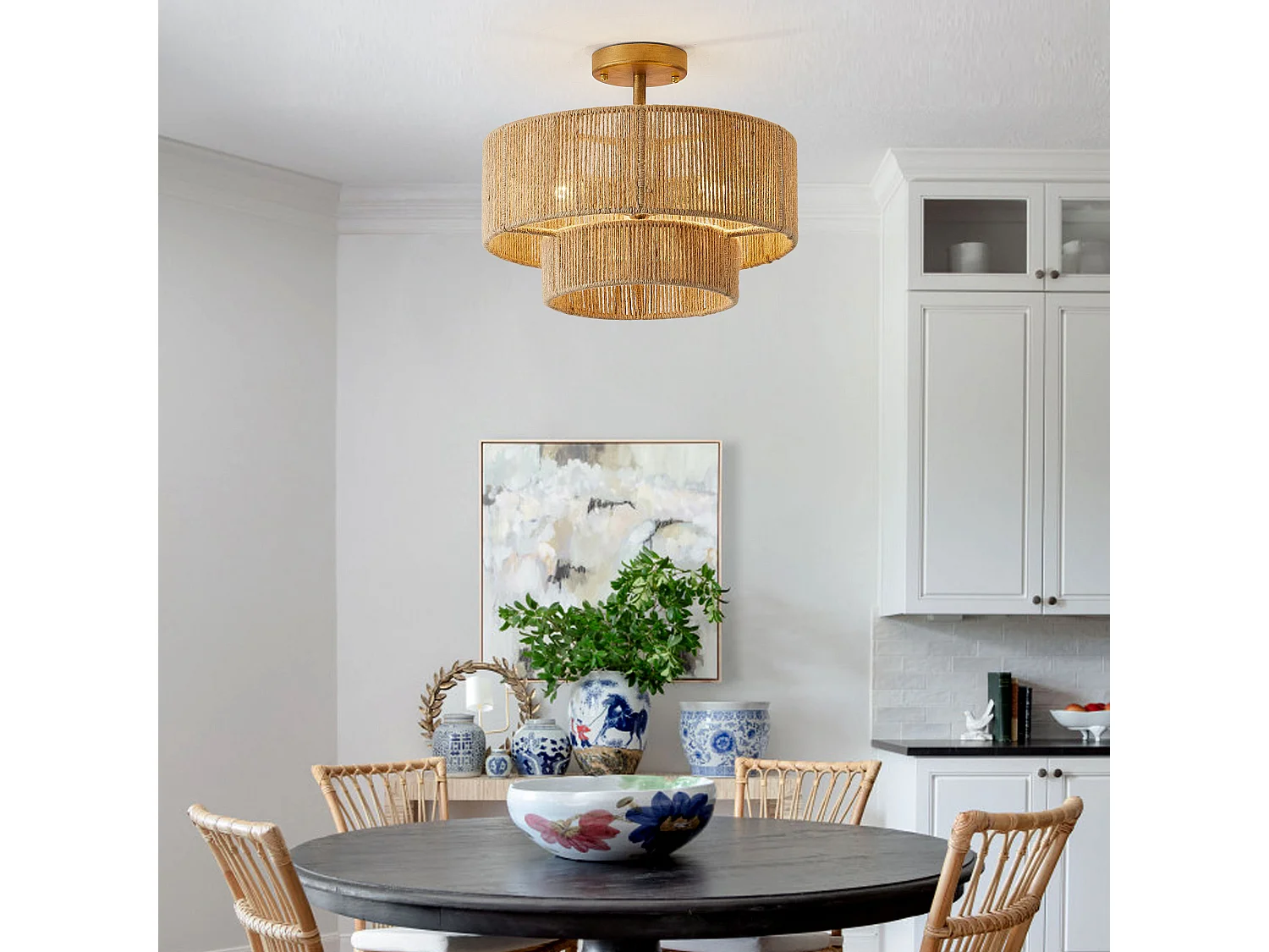 Parrot Uncle Lustre de plafond rustique en fer et corde de chanvre avec 3 culots E14, sans ampoule