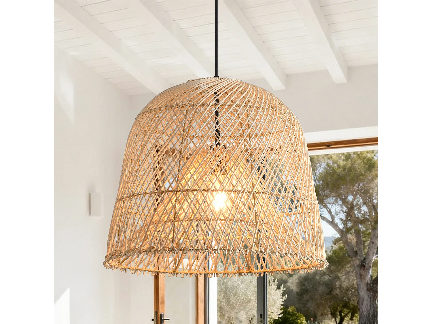 Parrot Uncle Rattan-Pendelleuchte, natürlicher Rattanschirm, Eisengestell, höhenverstellbar, E27, 38 cm Durchmesser, für gemütliche Wohnbereiche (Ohne Leuchtmittel)