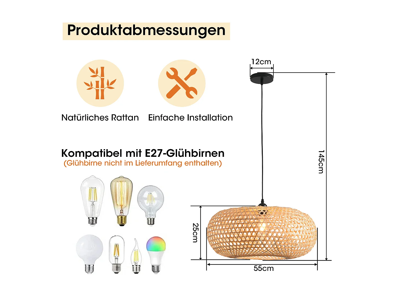 Parrot Uncle Bambus-Pendelleuchte, natürlicher Bambusschirm, höhenverstellbar, E27, 55 cm Durchmesser, für Wohnzimmer Essbereich (Ohne Leuchtmittel)