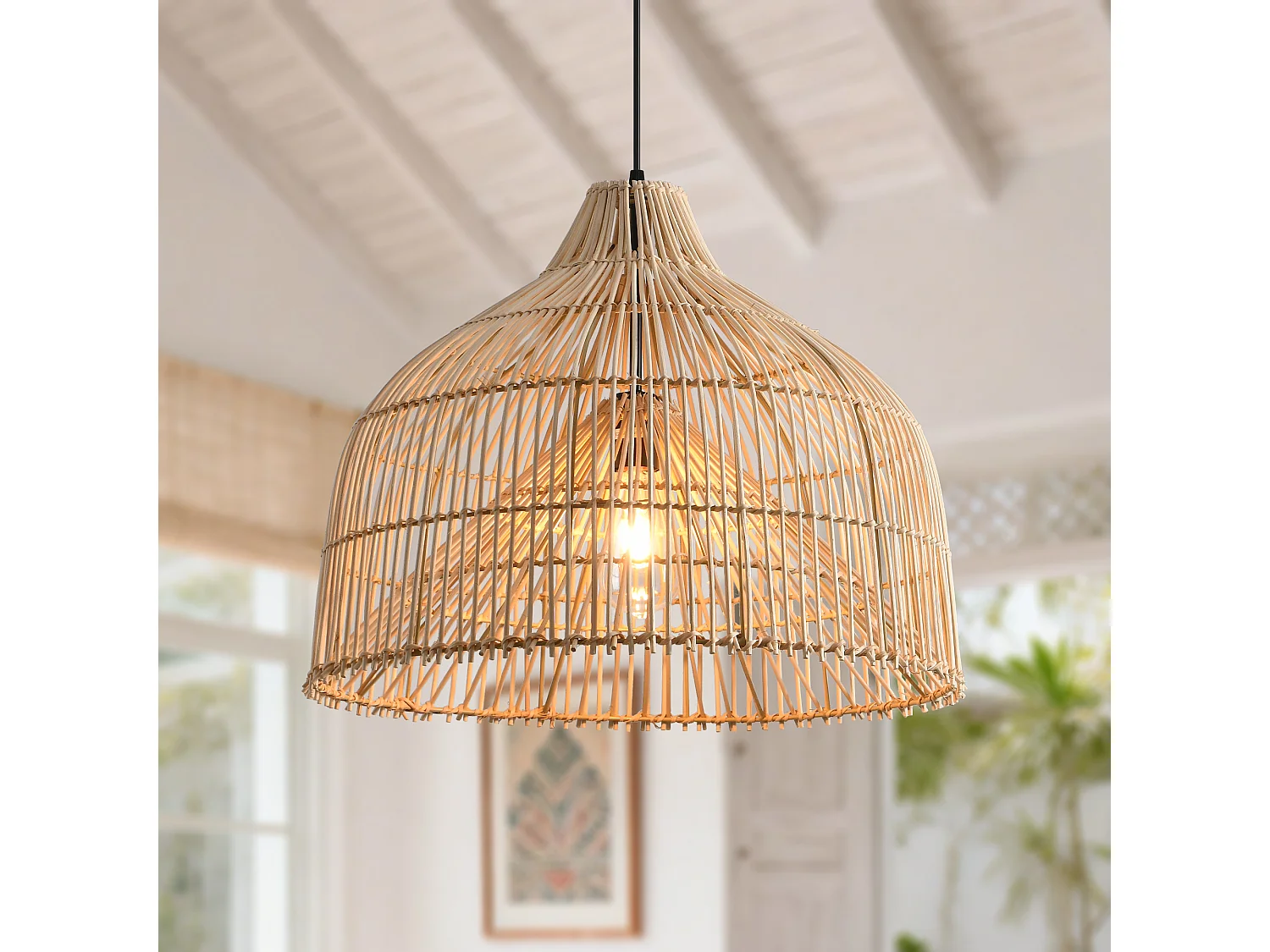 Parrot Uncle Rattan-Pendelleuchte, natürlicher Rattanschirm, Eisengestell, höhenverstellbar, E27, 50 cm Durchmesser, für Wohnzimmer Essbereich (Ohne Leuchtmittel)