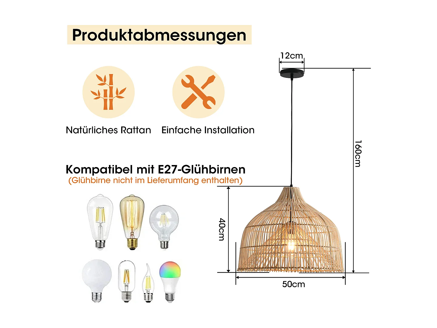 Parrot Uncle Rattan-Pendelleuchte, natürlicher Rattanschirm, Eisengestell, höhenverstellbar, E27, 50 cm Durchmesser, für Wohnzimmer Essbereich (Ohne Leuchtmittel)
