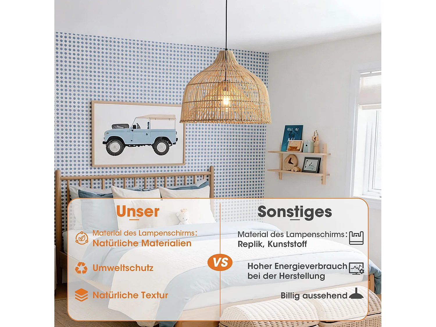 Parrot Uncle Rattan-Pendelleuchte, natürlicher Rattanschirm, Eisengestell, höhenverstellbar, E27, 50 cm Durchmesser, für Wohnzimmer Essbereich (Ohne Leuchtmittel)