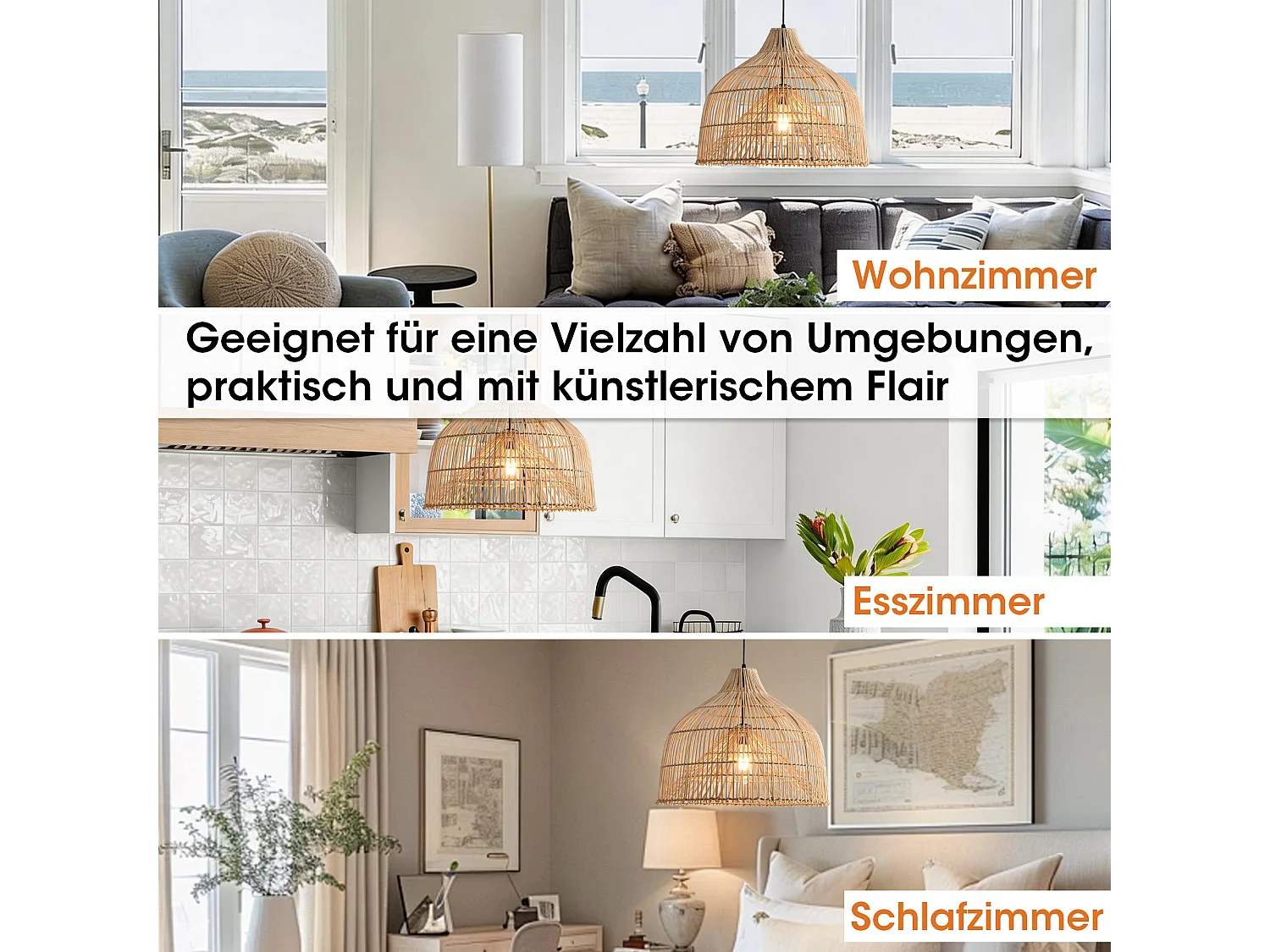Parrot Uncle Rattan-Pendelleuchte, natürlicher Rattanschirm, Eisengestell, höhenverstellbar, E27, 50 cm Durchmesser, für Wohnzimmer Essbereich (Ohne Leuchtmittel)