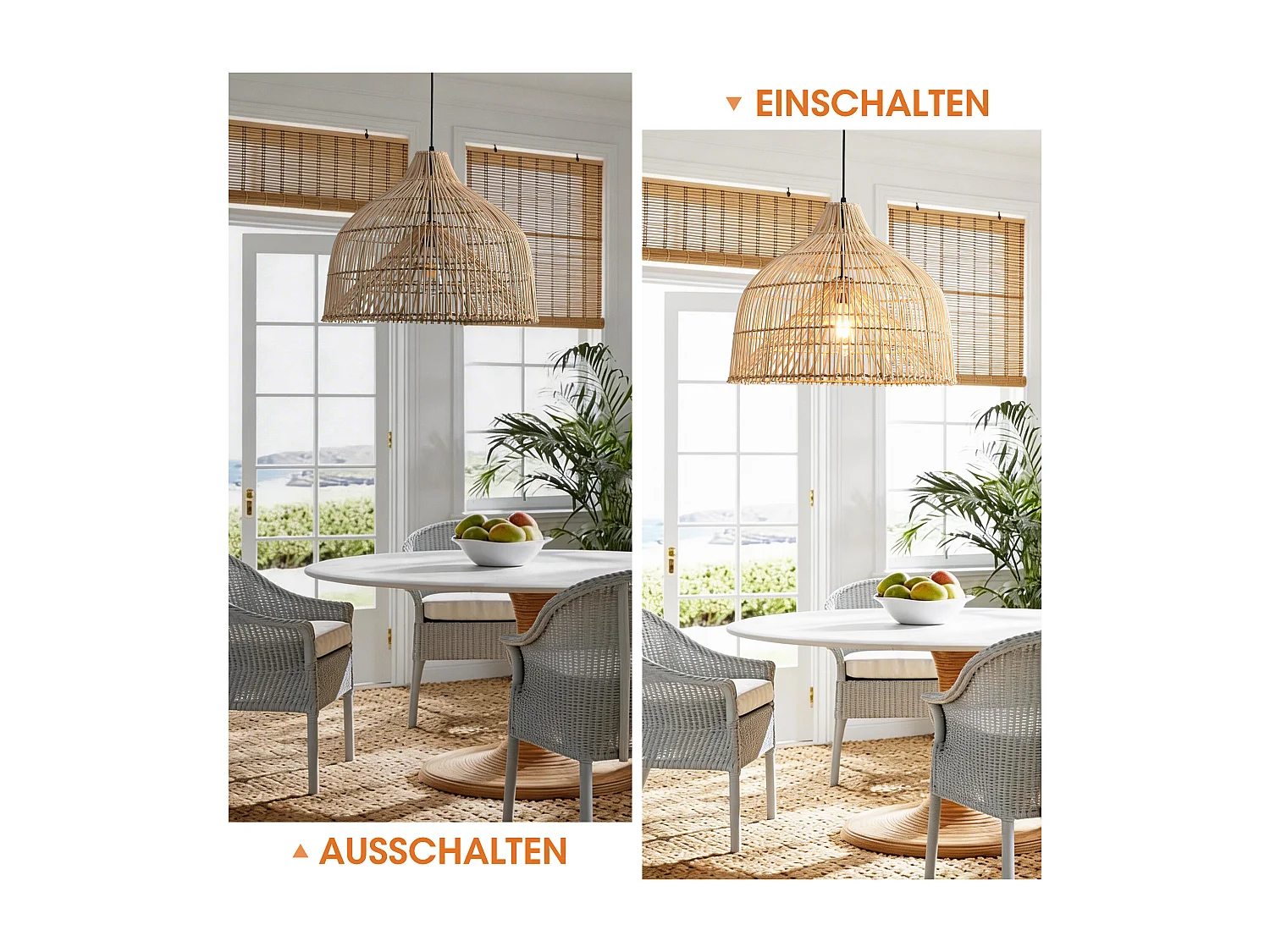 Parrot Uncle Rattan-Pendelleuchte, natürlicher Rattanschirm, Eisengestell, höhenverstellbar, E27, 50 cm Durchmesser, für Wohnzimmer Essbereich (Ohne Leuchtmittel)