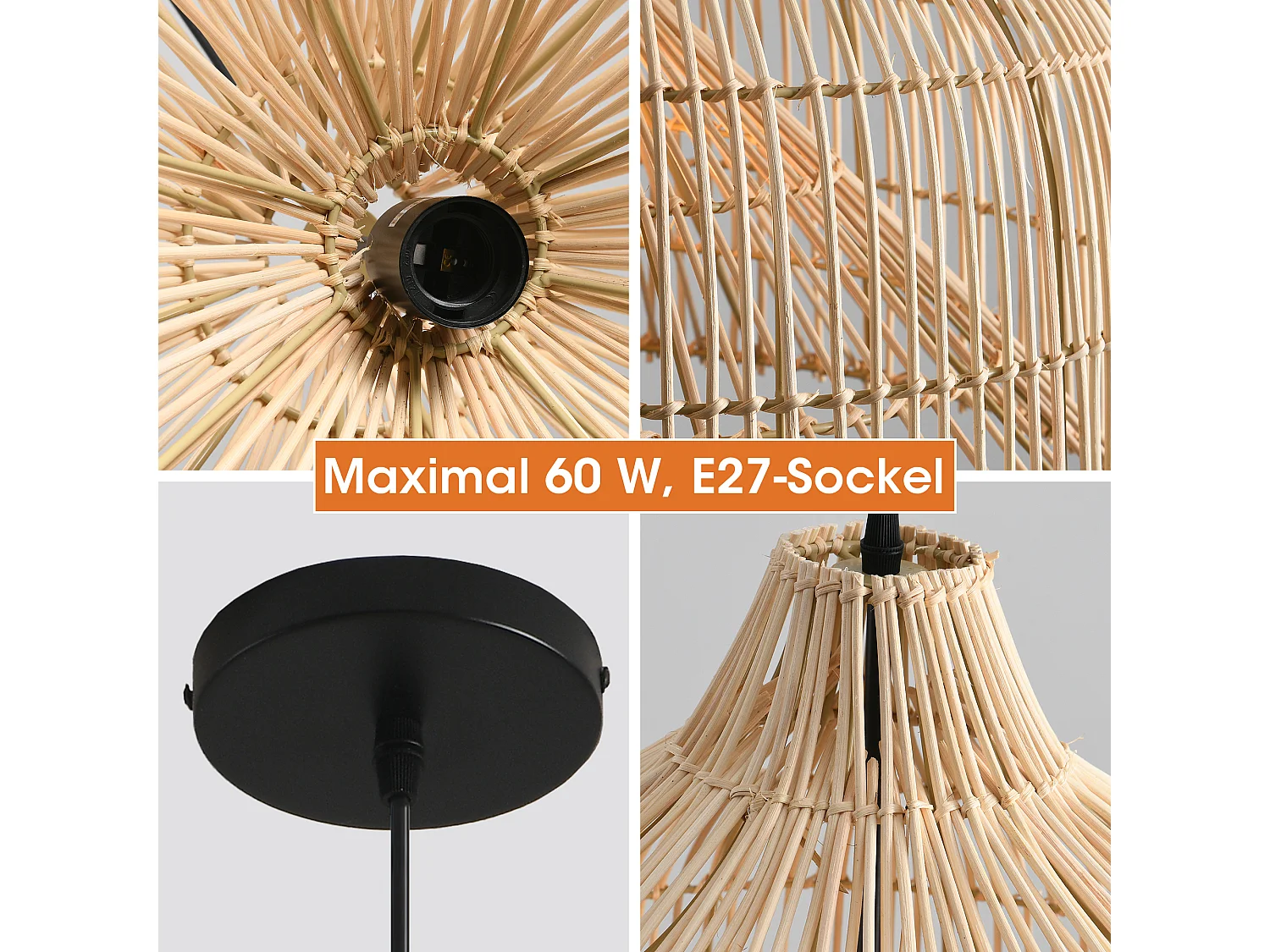 Parrot Uncle Rattan-Pendelleuchte, natürlicher Rattanschirm, Eisengestell, höhenverstellbar, E27, 50 cm Durchmesser, für Wohnzimmer Essbereich (Ohne Leuchtmittel)