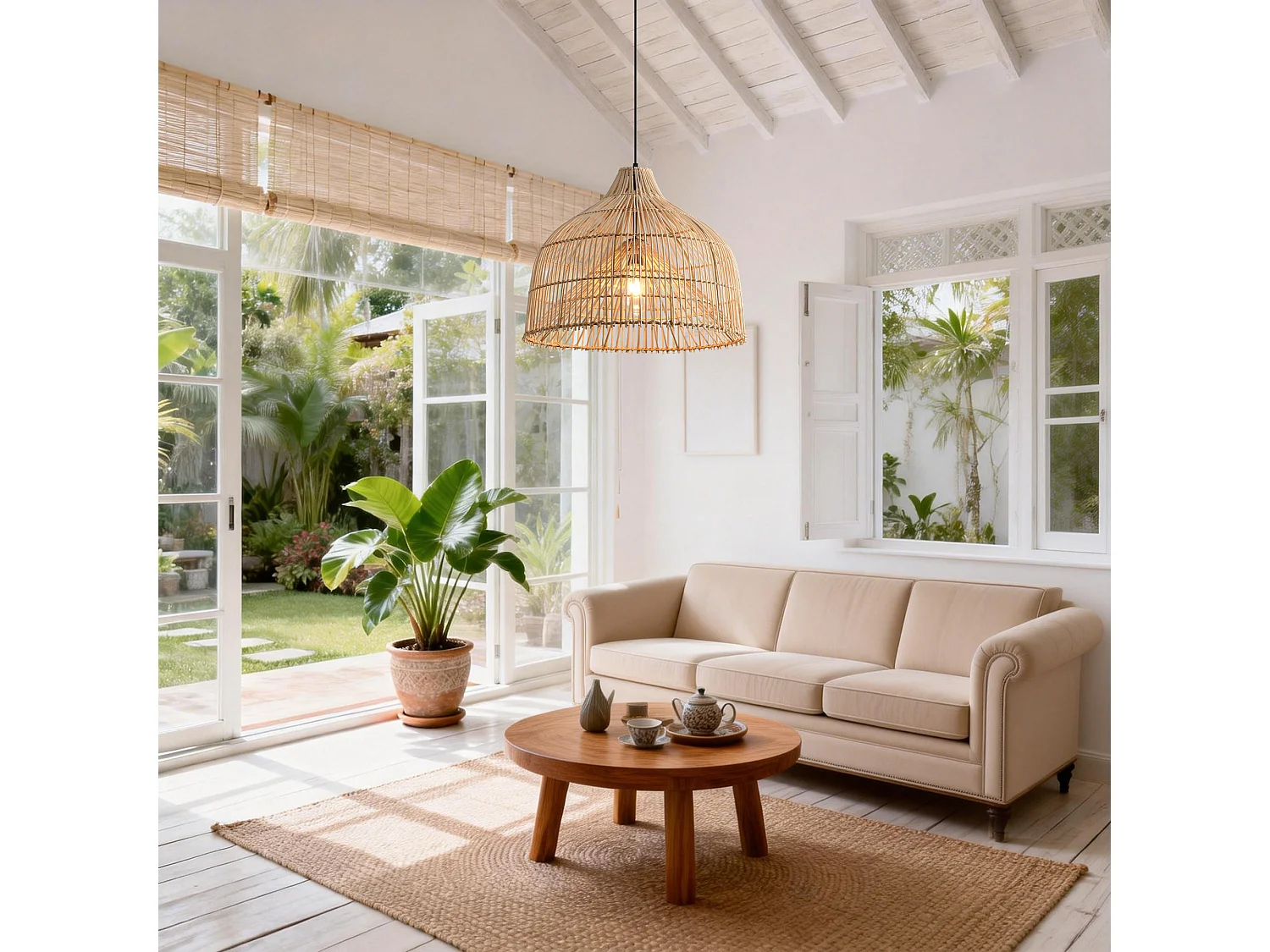 Parrot Uncle Rattan-Pendelleuchte, natürlicher Rattanschirm, Eisengestell, höhenverstellbar, E27, 50 cm Durchmesser, für Wohnzimmer Essbereich (Ohne Leuchtmittel)