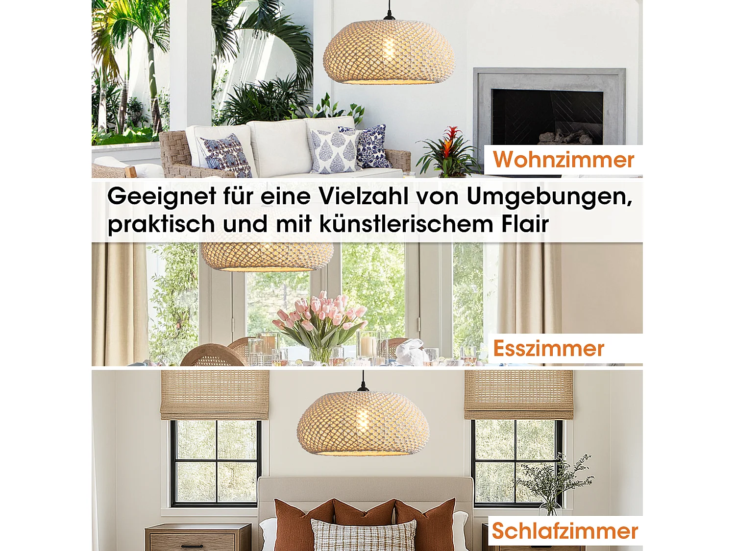 Parrot Uncle Baumwollgarn-Pendelleuchte, natürlicher Baumwollschirm, Eisengestell, höhenverstellbar, E27, 48 cm Durchmesser (Ohne Leuchtmittel)