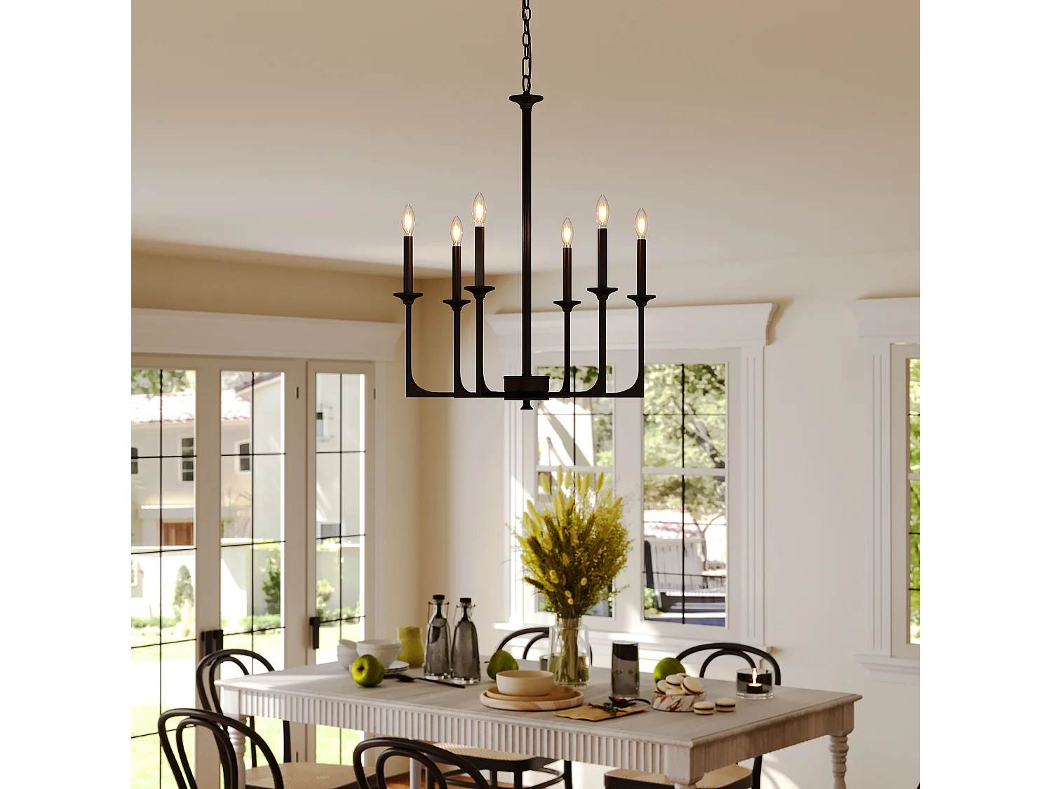 Moderne zwarte kroonluchter, 6-lichts ijzeren kroonluchter in landelijke stijl voor de eetkamer, moderne hanglamp (E14 fitting, exclusief lampen)