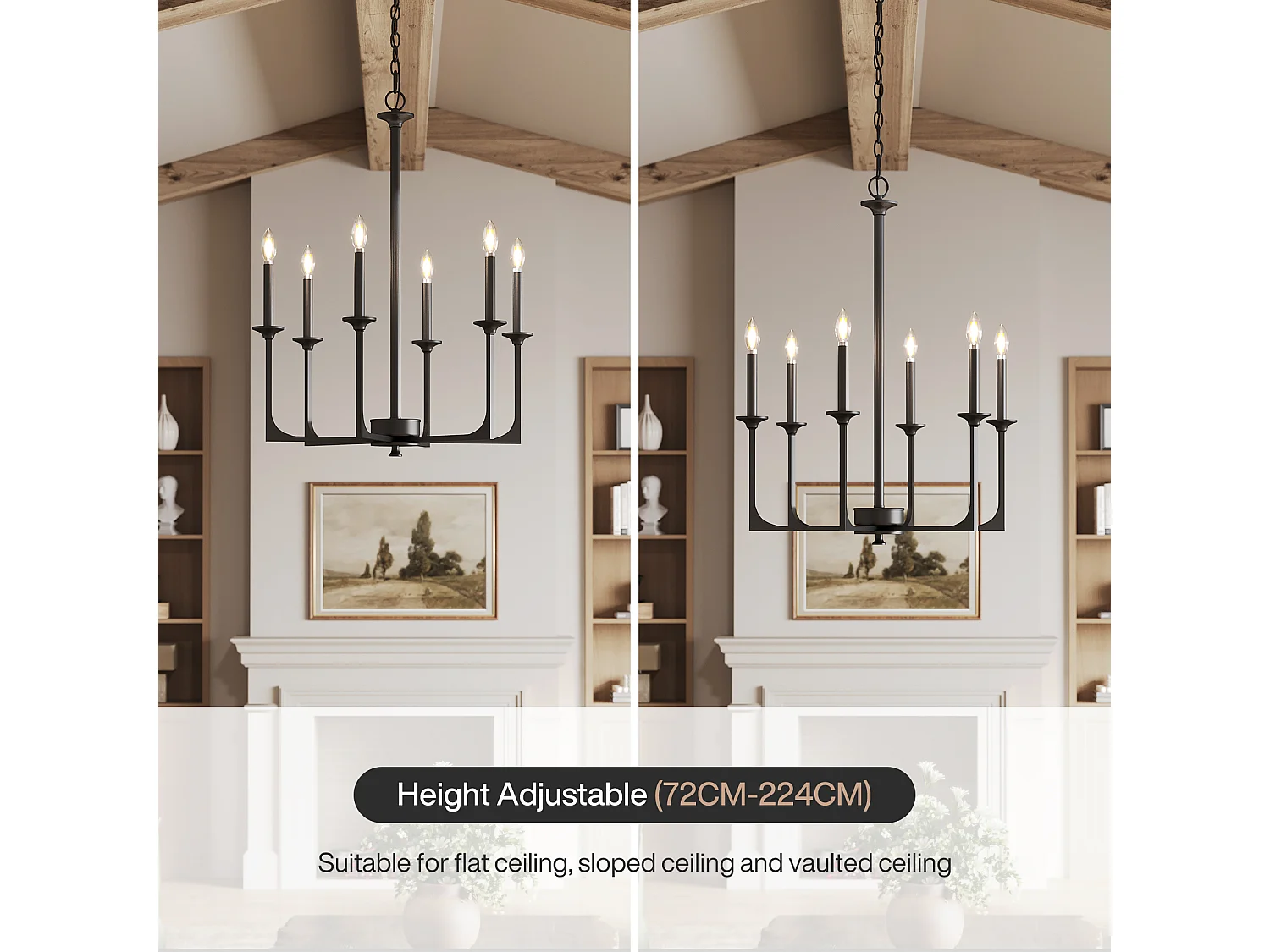 Moderne zwarte kroonluchter, 6-lichts ijzeren kroonluchter in landelijke stijl voor de eetkamer, moderne hanglamp (E14 fitting, exclusief lampen)