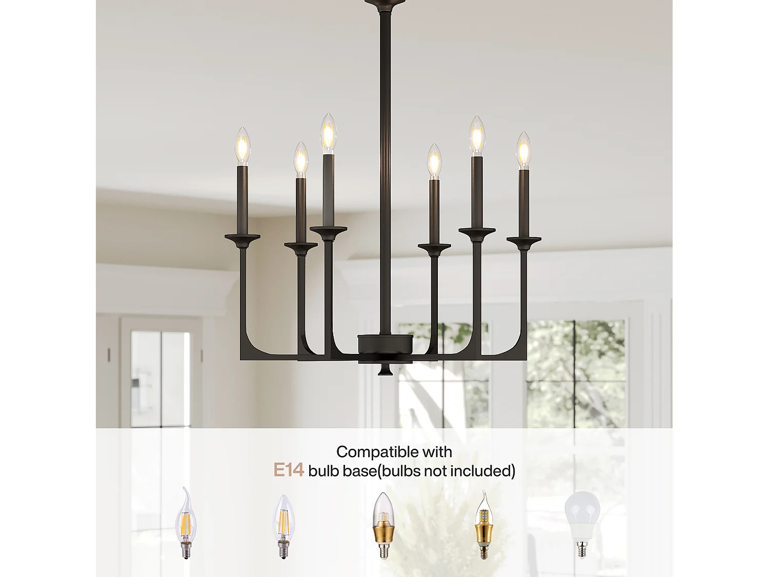 Moderne zwarte kroonluchter, 6-lichts ijzeren kroonluchter in landelijke stijl voor de eetkamer, moderne hanglamp (E14 fitting, exclusief lampen)