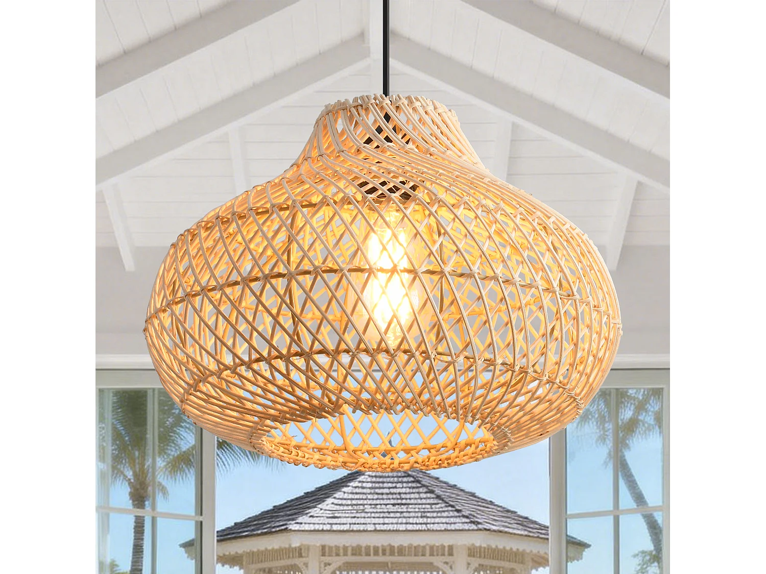 Parrot Uncle Rattan-Pendelleuchte, natürlicher Rattanschirm, Eisengestell, höhenverstellbar, E27, 48 cm Durchmesser, für Esszimmer Wohnzimmer (Ohne Leuchtmittel)