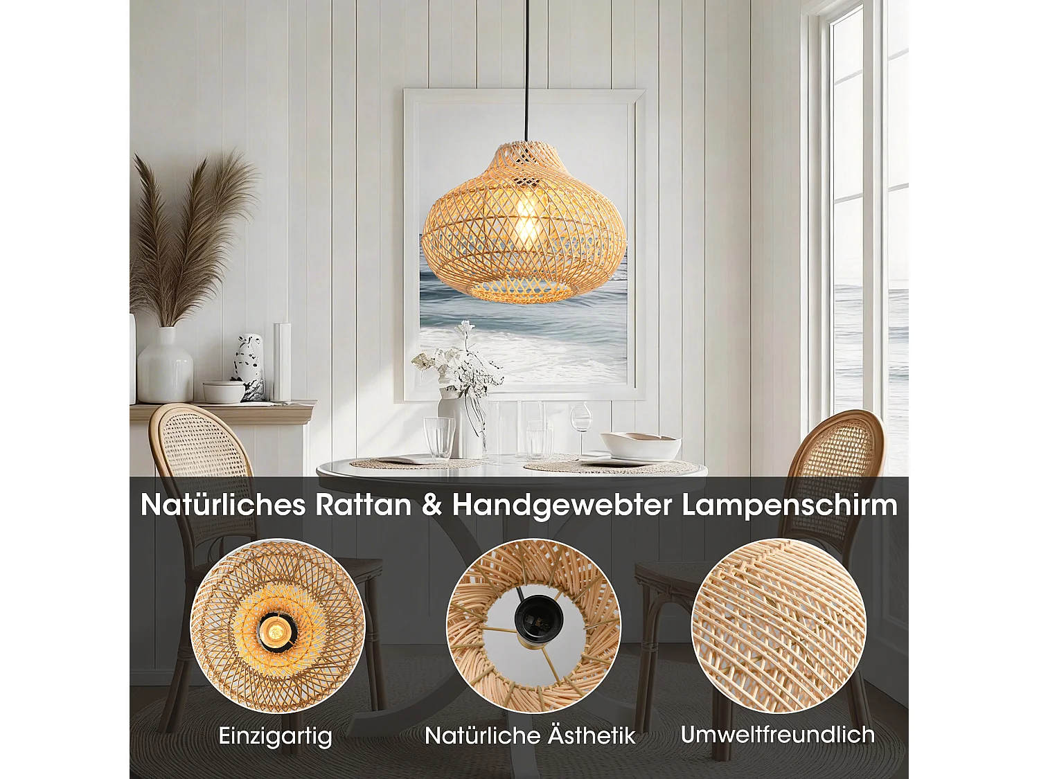 Parrot Uncle Rattan-Pendelleuchte, natürlicher Rattanschirm, Eisengestell, höhenverstellbar, E27, 48 cm Durchmesser, für Esszimmer Wohnzimmer (Ohne Leuchtmittel)