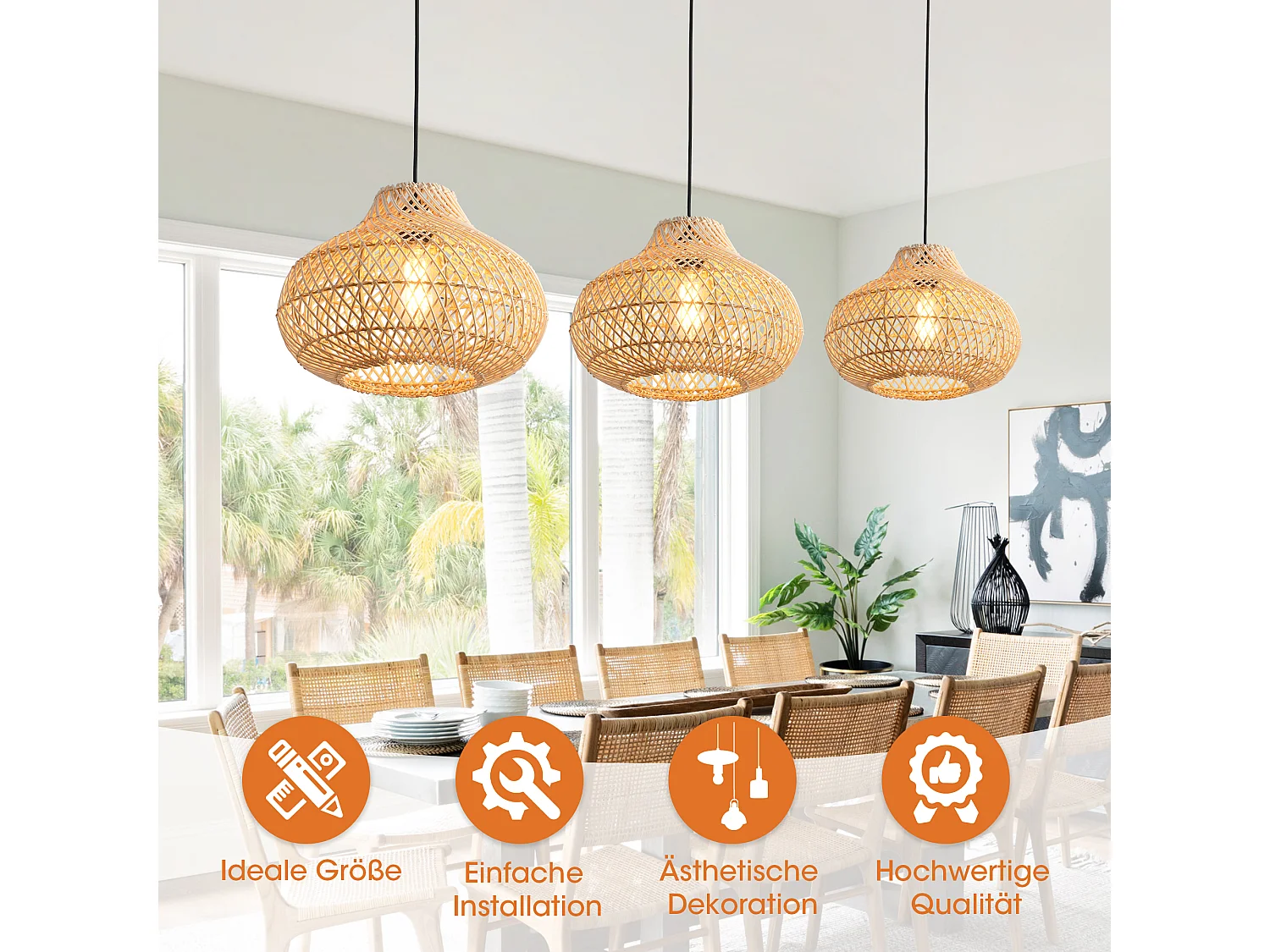 Parrot Uncle Rattan-Pendelleuchte, natürlicher Rattanschirm, Eisengestell, höhenverstellbar, E27, 48 cm Durchmesser, für Esszimmer Wohnzimmer (Ohne Leuchtmittel)