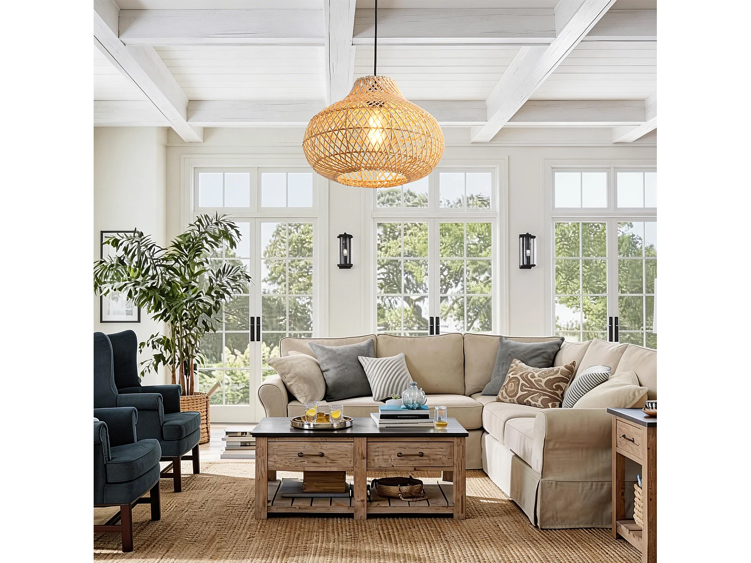 Parrot Uncle Rattan-Pendelleuchte, natürlicher Rattanschirm, Eisengestell, höhenverstellbar, E27, 48 cm Durchmesser, für Esszimmer Wohnzimmer (Ohne Leuchtmittel)