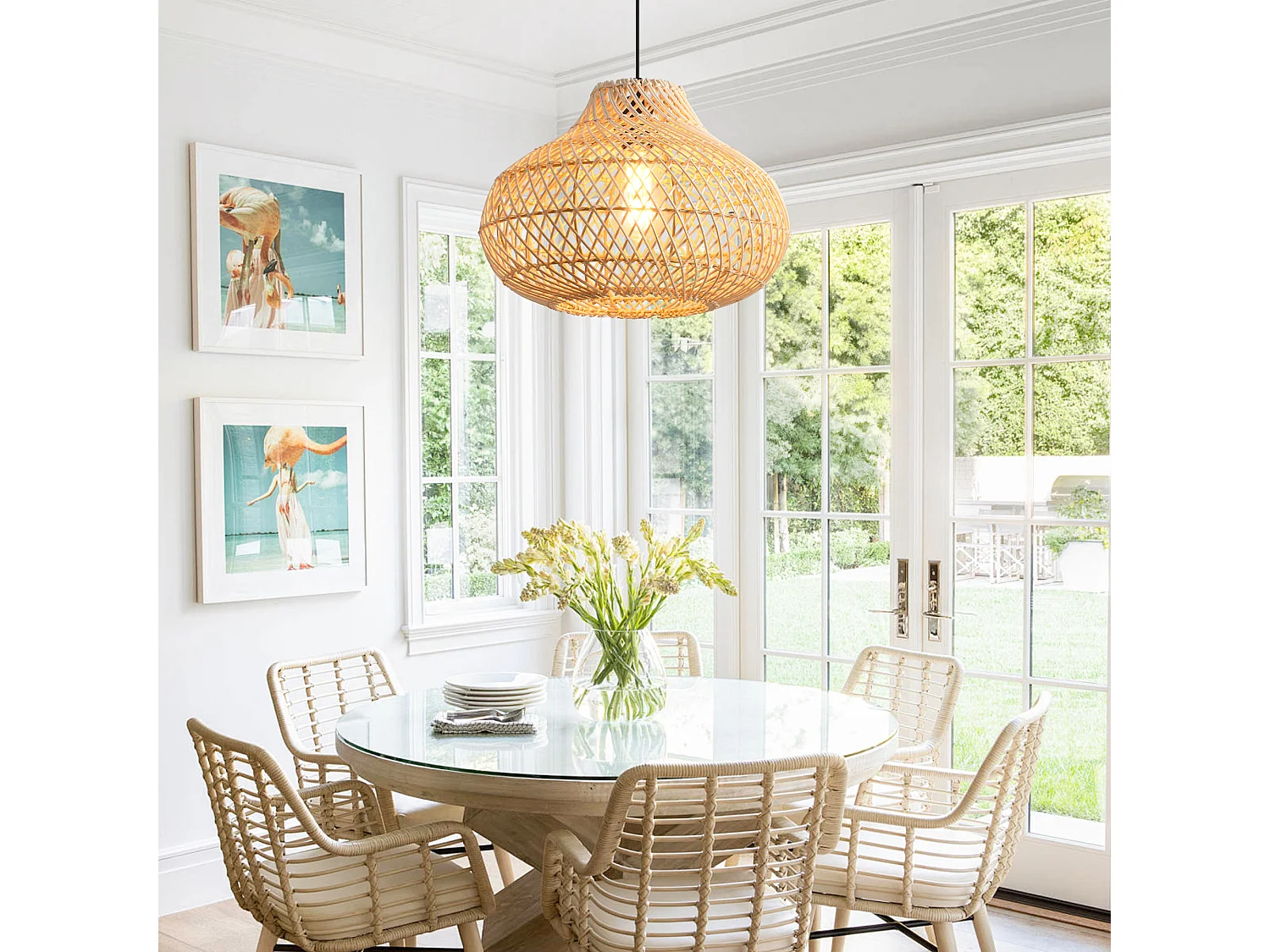 Parrot Uncle Rattan-Pendelleuchte, natürlicher Rattanschirm, Eisengestell, höhenverstellbar, E27, 48 cm Durchmesser, für Esszimmer Wohnzimmer (Ohne Leuchtmittel)