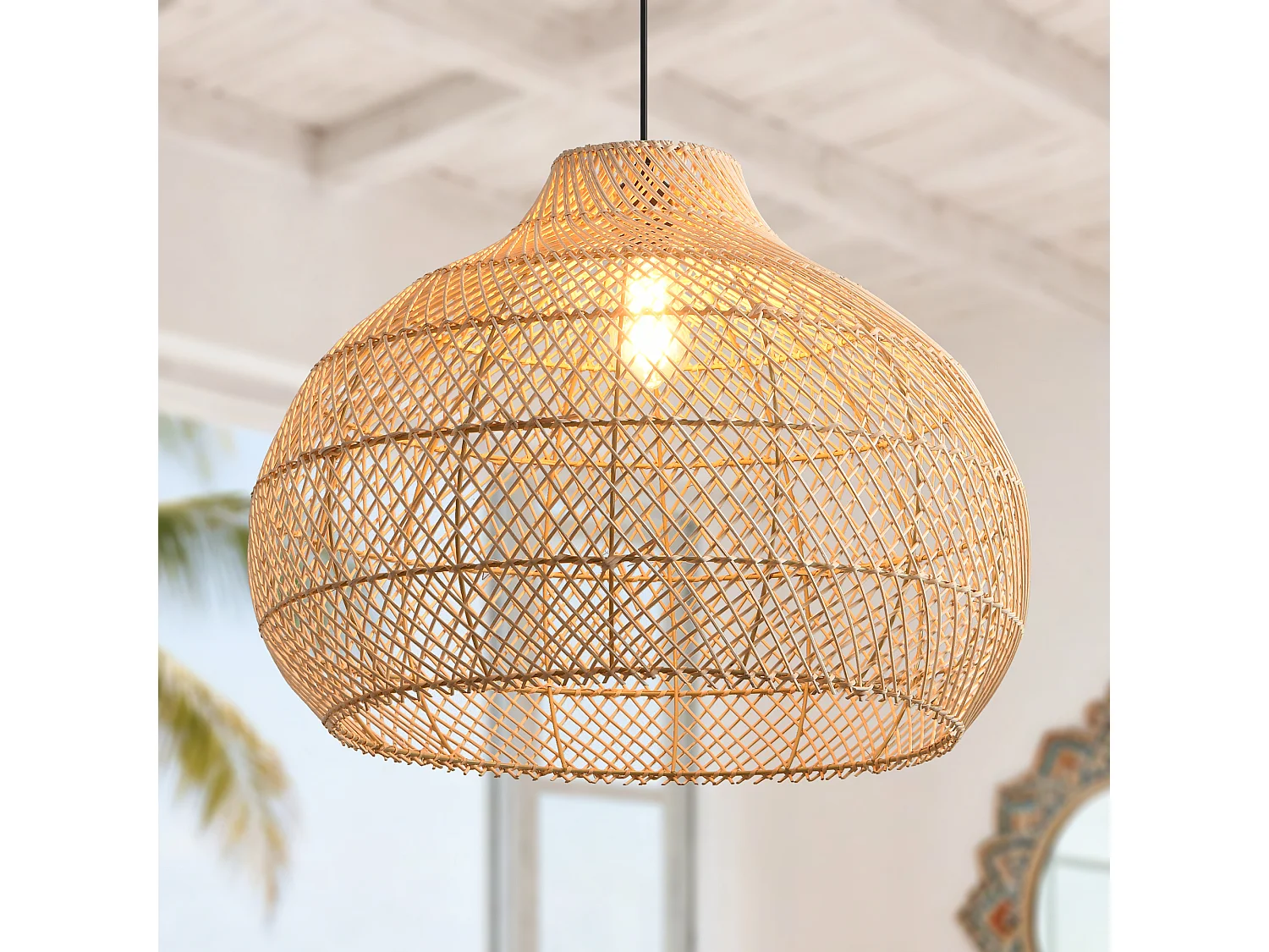 Grande Suspension en Rotin, Abat-jour Naturel en Osier, Hauteur Réglable, Douille E27, Diamètre 60 cm, pour Salon (Ampoule Non Incluse)