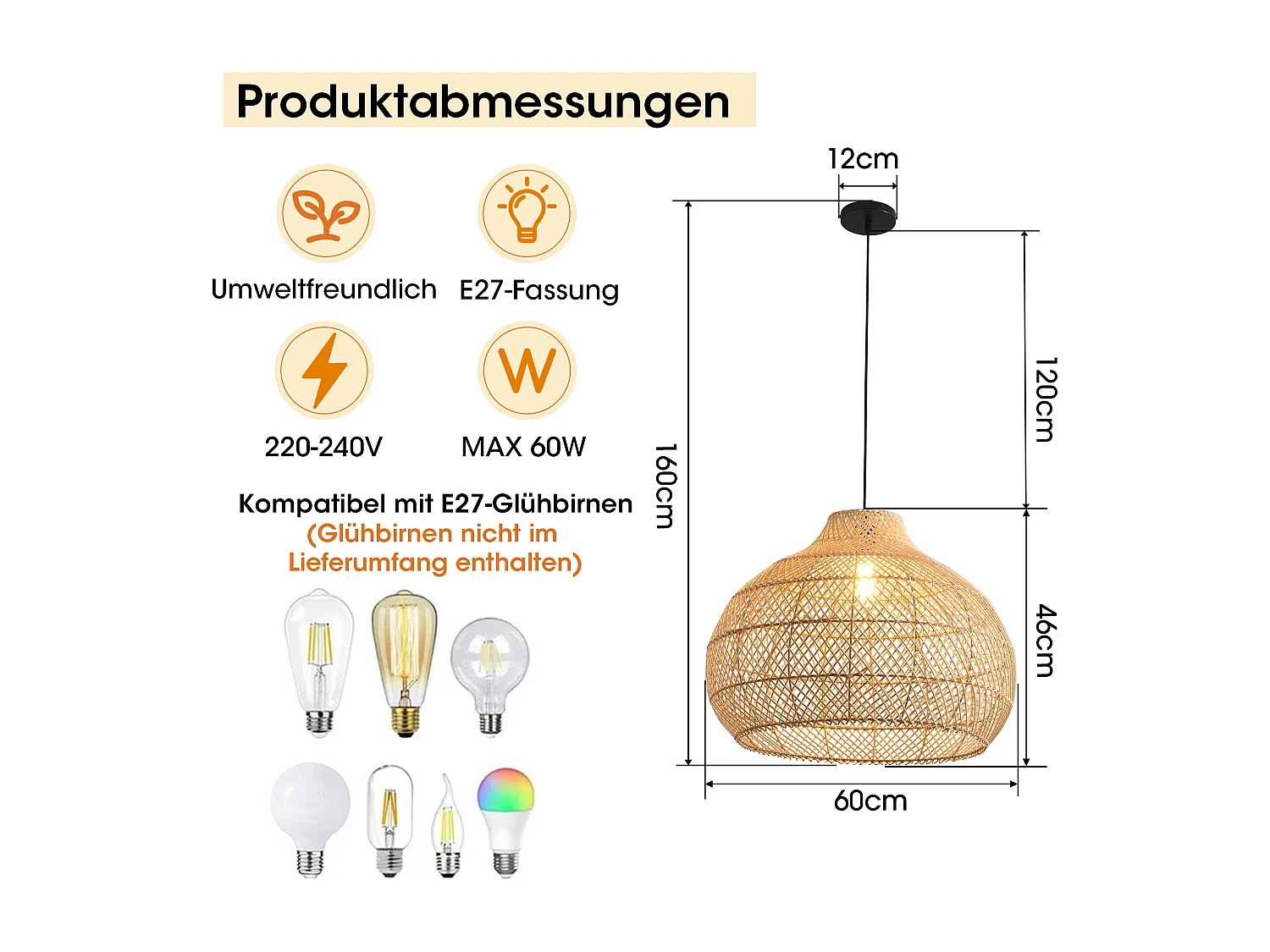 Grande Suspension en Rotin, Abat-jour Naturel en Osier, Hauteur Réglable, Douille E27, Diamètre 60 cm, pour Salon (Ampoule Non Incluse)
