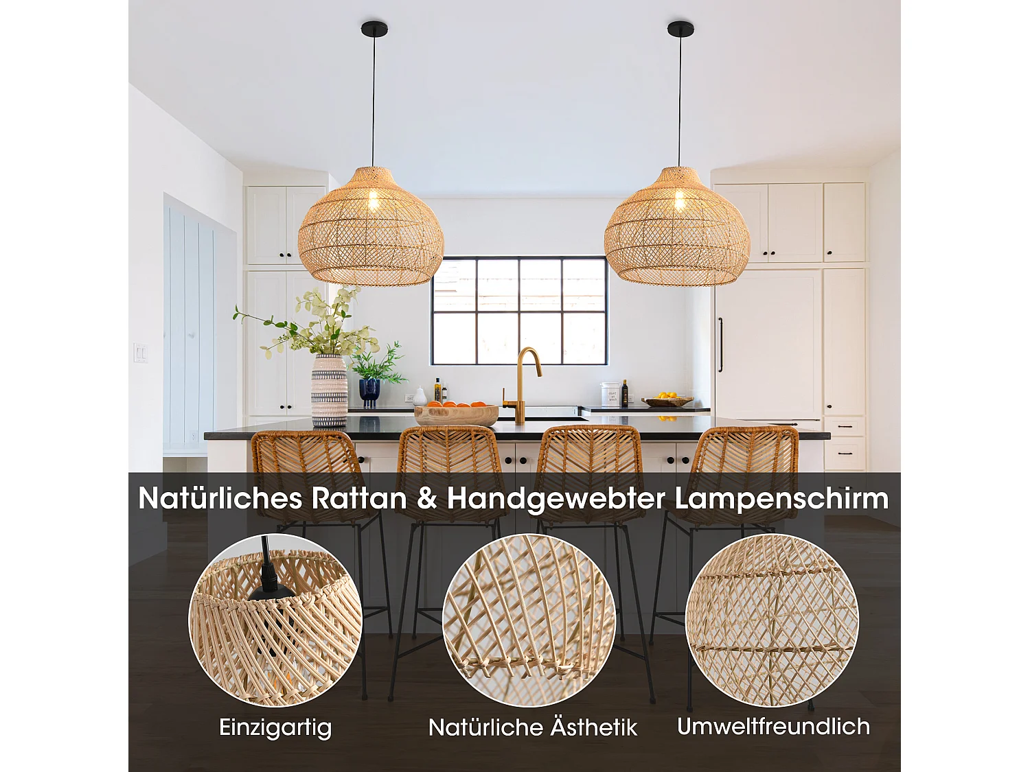 Grande Suspension en Rotin, Abat-jour Naturel en Osier, Hauteur Réglable, Douille E27, Diamètre 60 cm, pour Salon (Ampoule Non Incluse)