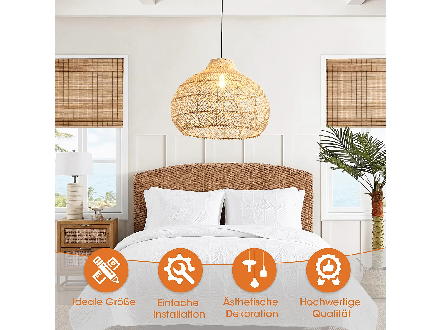 Grande Suspension en Rotin, Abat-jour Naturel en Osier, Hauteur Réglable, Douille E27, Diamètre 60 cm, pour Salon (Ampoule Non Incluse)