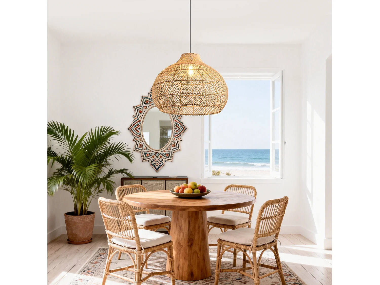 Grande Suspension en Rotin, Abat-jour Naturel en Osier, Hauteur Réglable, Douille E27, Diamètre 60 cm, pour Salon (Ampoule Non Incluse)