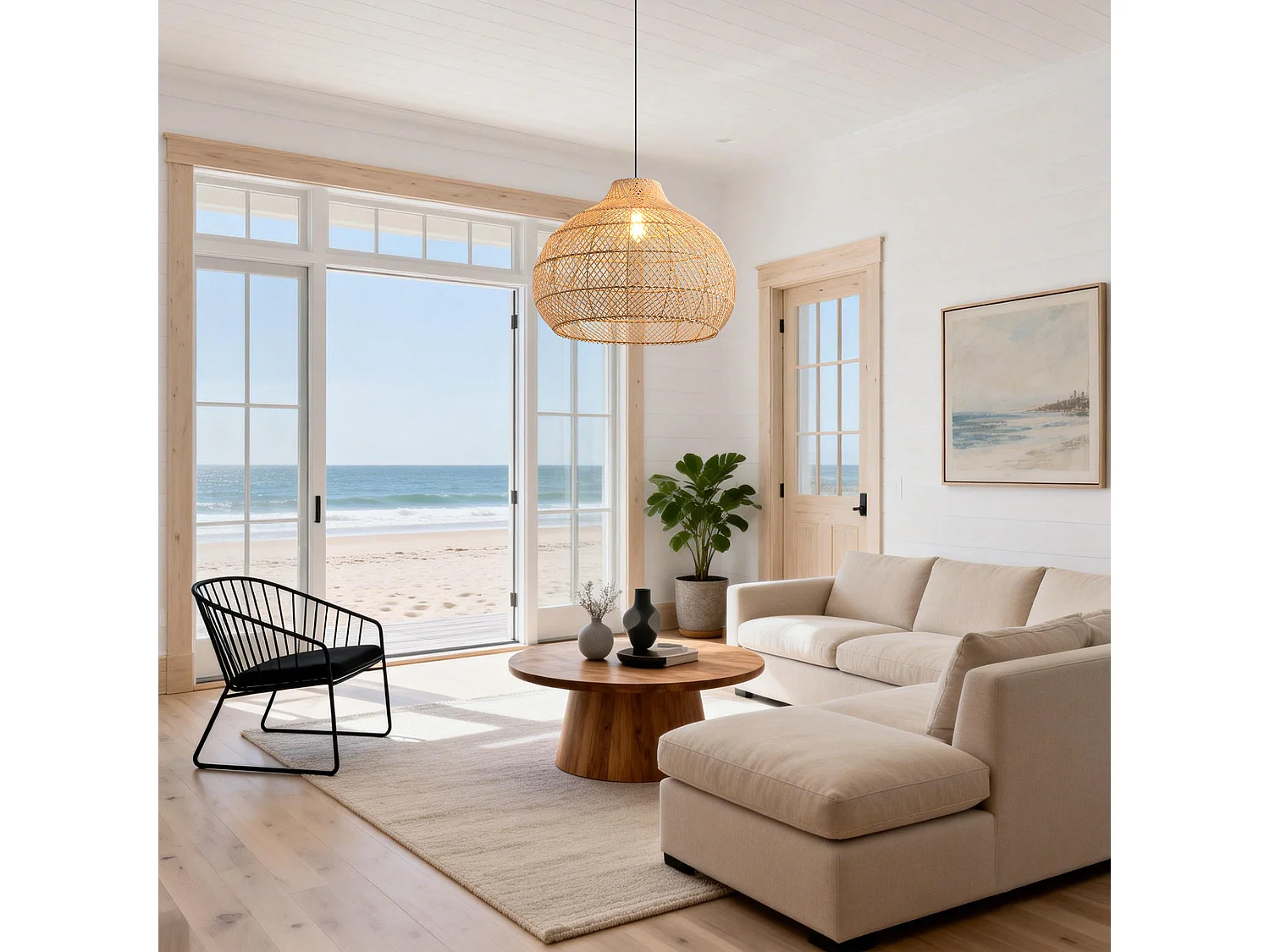 Grande Suspension en Rotin, Abat-jour Naturel en Osier, Hauteur Réglable, Douille E27, Diamètre 60 cm, pour Salon (Ampoule Non Incluse)