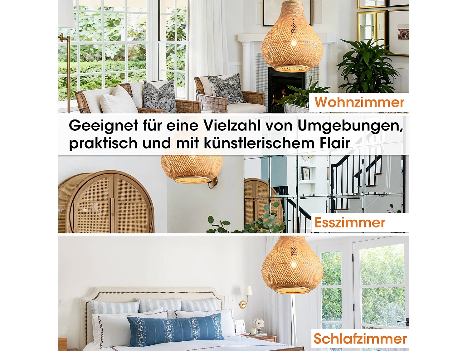 Parrot Uncle Bambus-Pendelleuchte, natürlicher Bambusschirm, Eisengestell, höhenverstellbar, E27-Fassung, 38 cm Durchmesser (Ohne Leuchtmittel)
