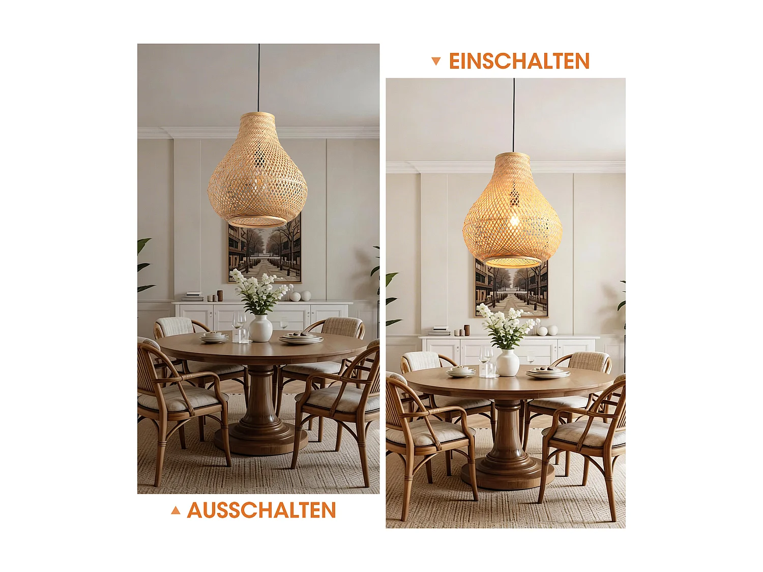 Parrot Uncle Bambus-Pendelleuchte, natürlicher Bambusschirm, Eisengestell, höhenverstellbar, E27-Fassung, 38 cm Durchmesser (Ohne Leuchtmittel)