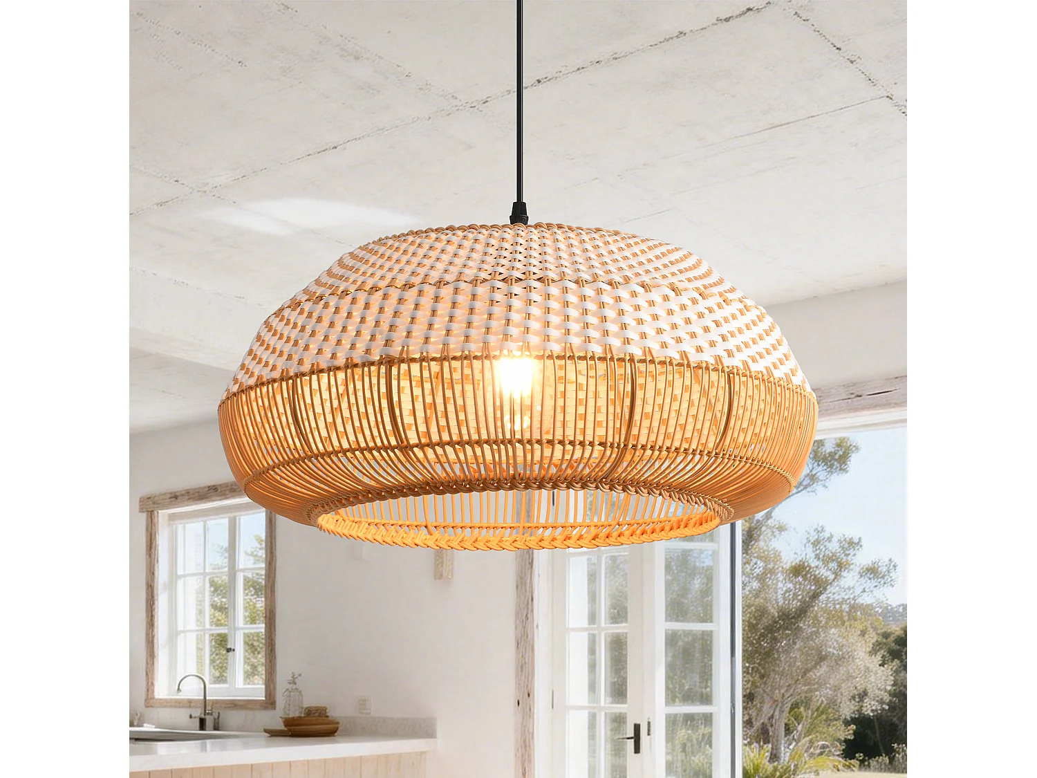 Parrot Uncle Rattan- & Folien-Pendelleuchte, höhenverstellbar, E27, 48 cm Durchmesser, für modern-rustikale Interieurs (Ohne Leuchtmittel)