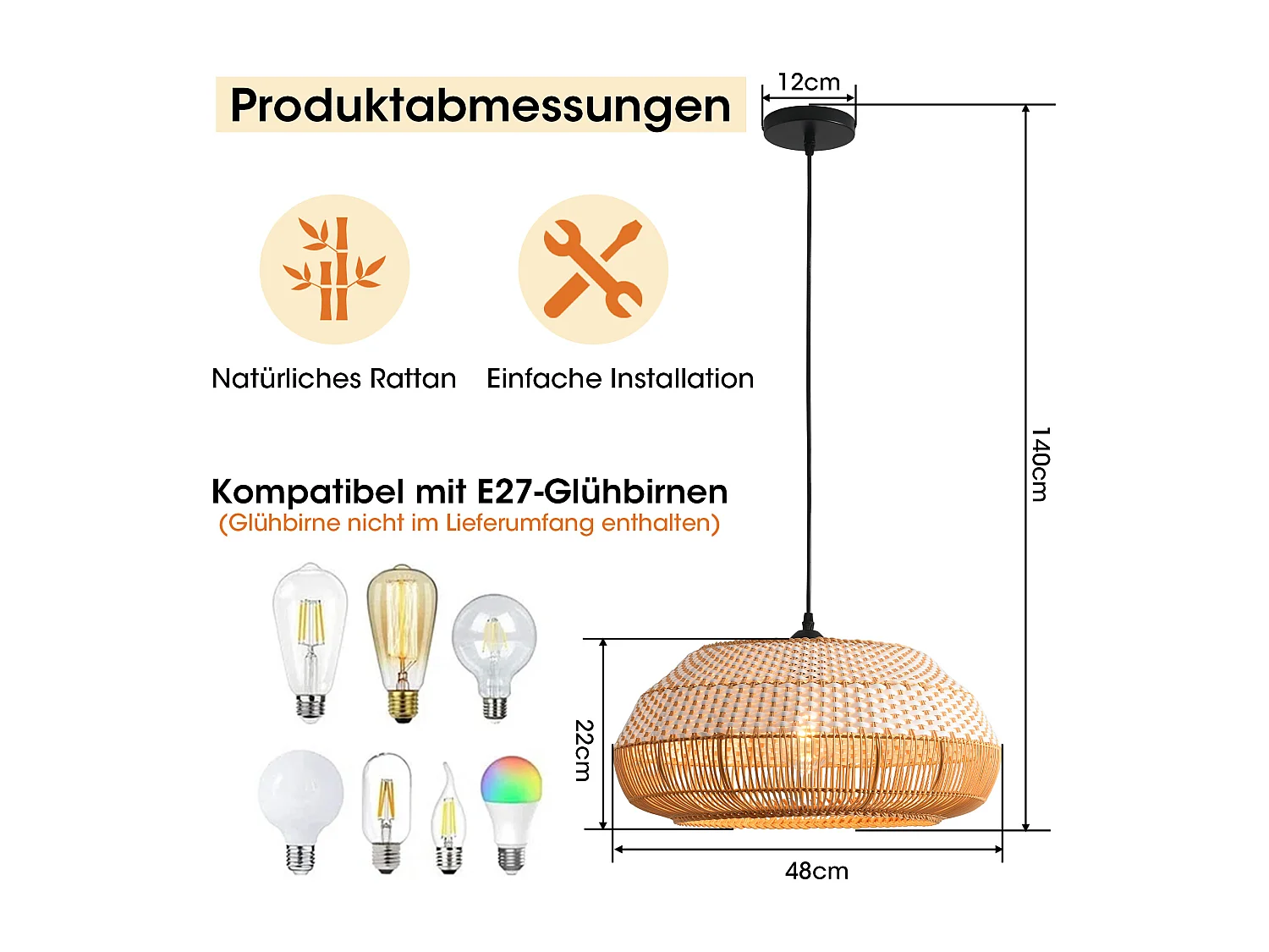 Parrot Uncle Rattan- & Folien-Pendelleuchte, höhenverstellbar, E27, 48 cm Durchmesser, für modern-rustikale Interieurs (Ohne Leuchtmittel)
