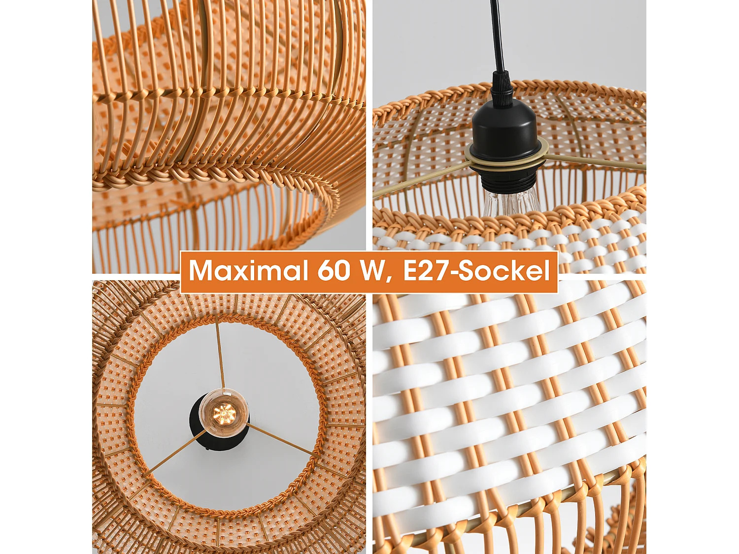 Parrot Uncle Rattan- & Folien-Pendelleuchte, höhenverstellbar, E27, 48 cm Durchmesser, für modern-rustikale Interieurs (Ohne Leuchtmittel)