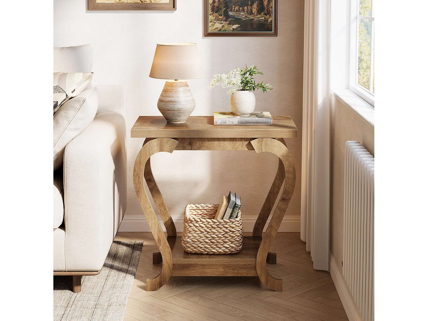 Seitentisch 2-Ebenen Rustik Stil neben Sofatisch mit Stauraum für Wohnzimmer Schlafzimmer Eingangsbereich