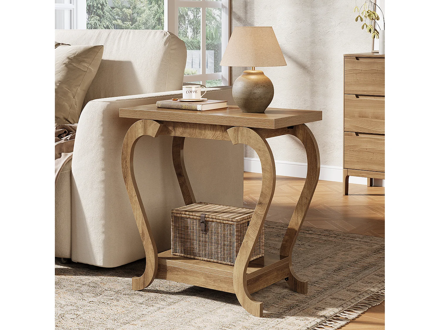 Seitentisch 2-Ebenen Rustik Stil neben Sofatisch mit Stauraum für Wohnzimmer Schlafzimmer Eingangsbereich
