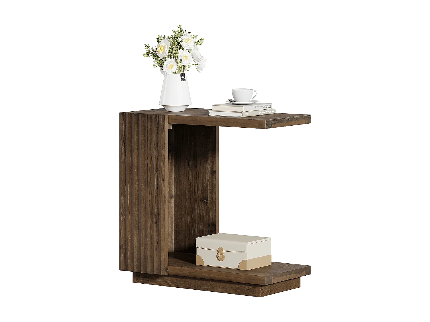 Table d'appoint en bois massif, table de chevet étroite en forme de C avec panneaux cannelés et étagère de rangement