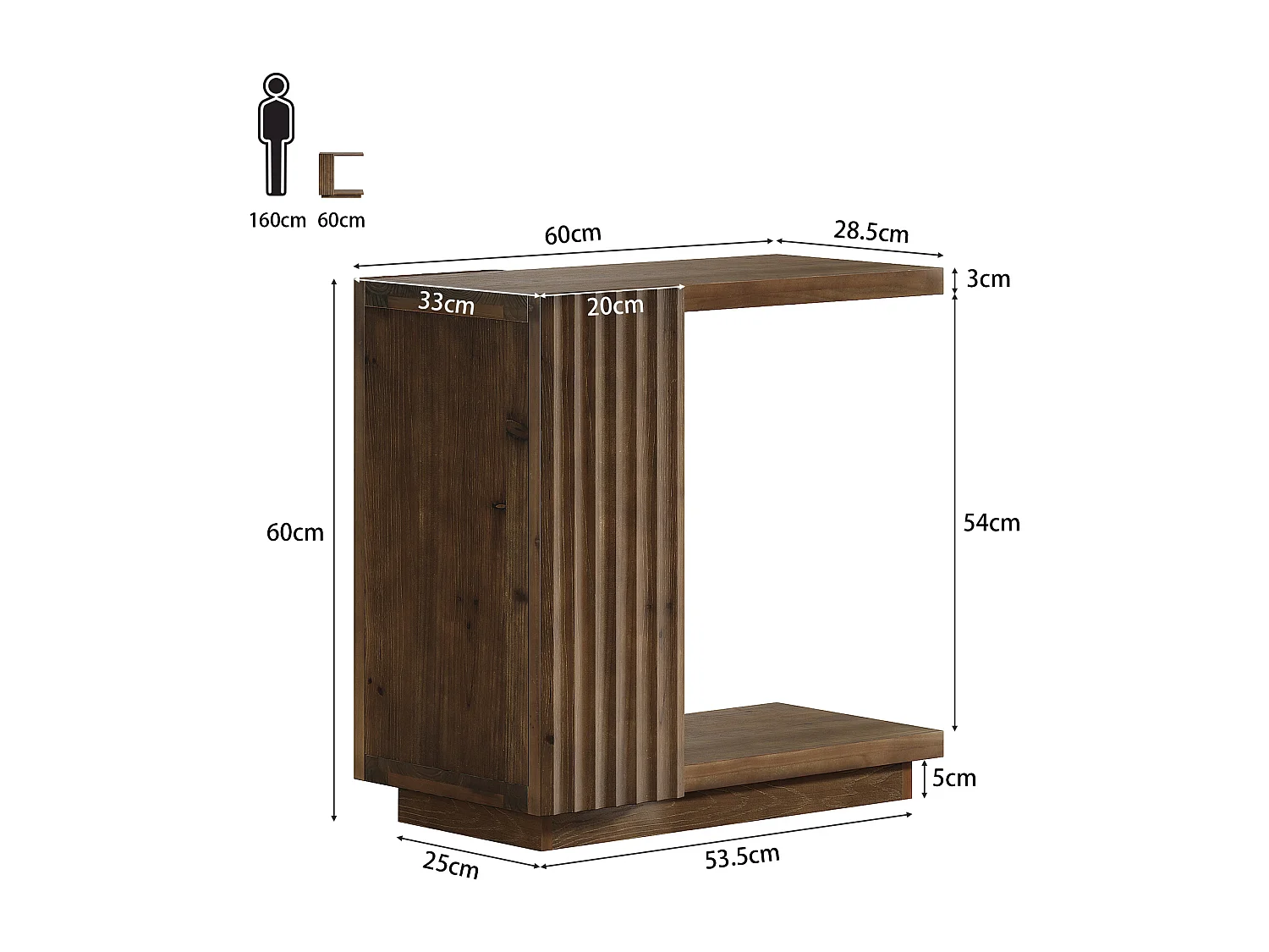 Table d'appoint en bois massif, table de chevet étroite en forme de C avec panneaux cannelés et étagère de rangement
