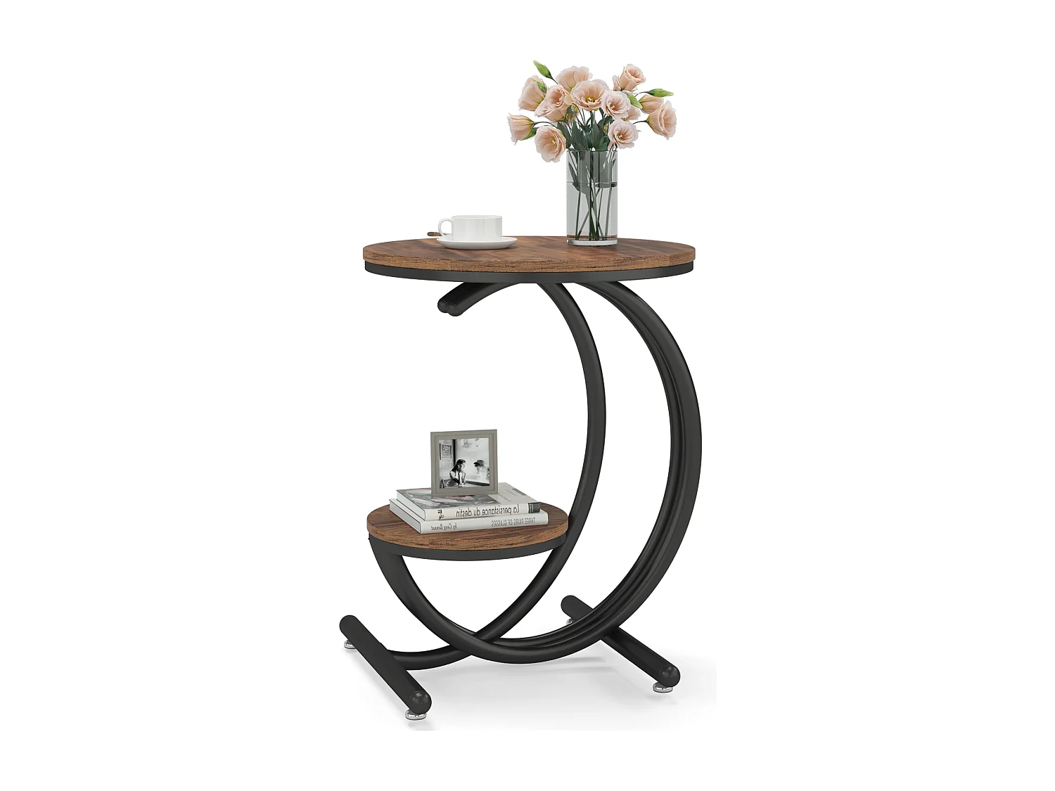 Table d'appoint ronde à deux niveaux de style industriel avec étagères de rangement, petite table rustique, table de chevet