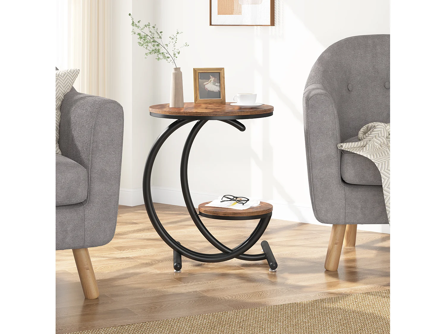 Table d'appoint ronde à deux niveaux de style industriel avec étagères de rangement, petite table rustique, table de chevet