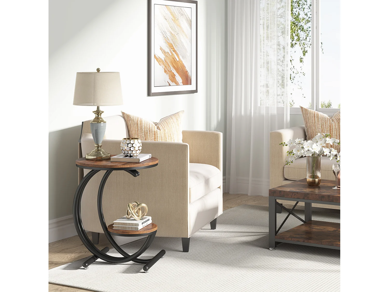 Table d'appoint ronde à deux niveaux de style industriel avec étagères de rangement, petite table rustique, table de chevet