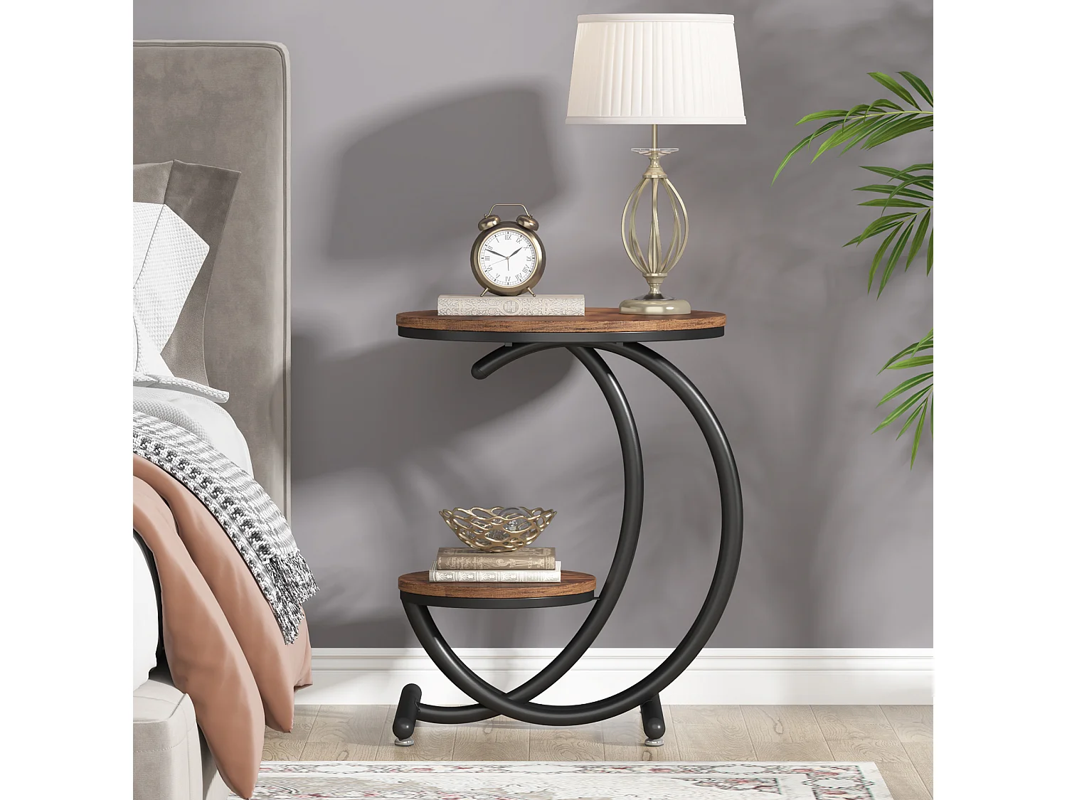 Table d'appoint ronde à deux niveaux de style industriel avec étagères de rangement, petite table rustique, table de chevet